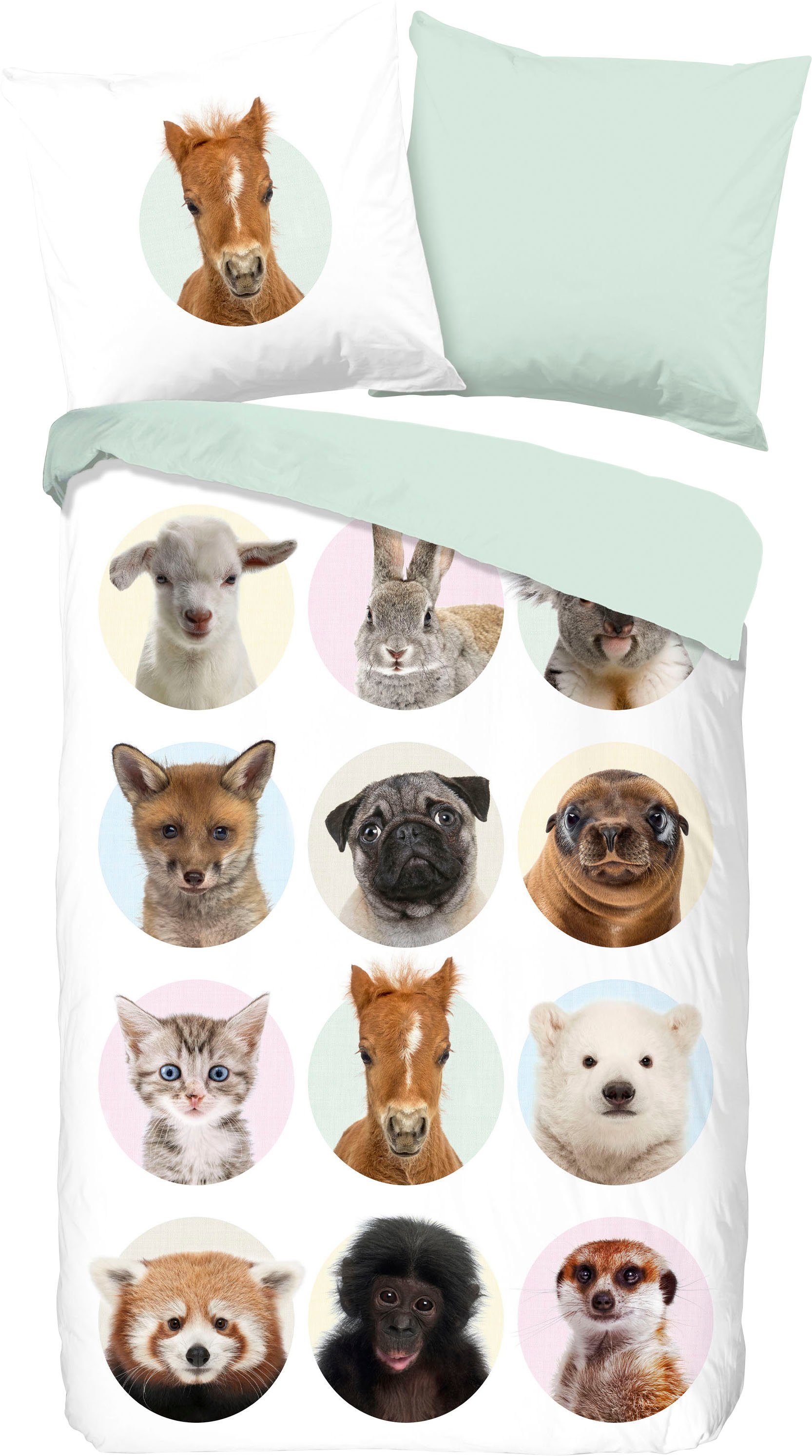 good morning Kinderovertrekset Younganimals 100% katoen, 135x200, rits, omkeerbaar, kind, dier (2-delig)