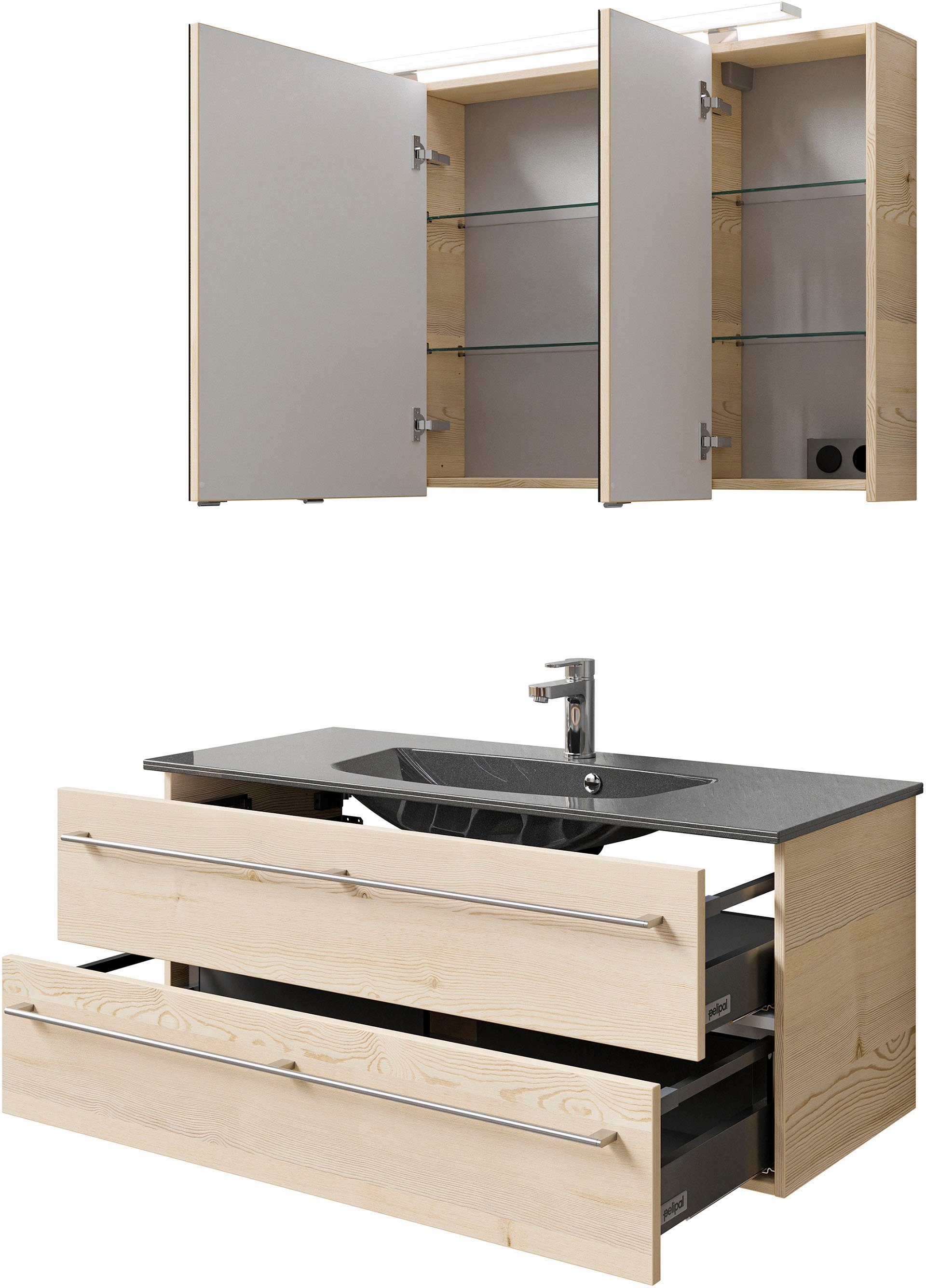 Saphir Badkamerserie Serie 6025 2-delig, mineraalmarmeren wastafel met led-spiegelkast Wastafelmeubel 117 cm breed, 2 laden, 3 spiegeldeuren, incl. deurdemper (2-delig)
