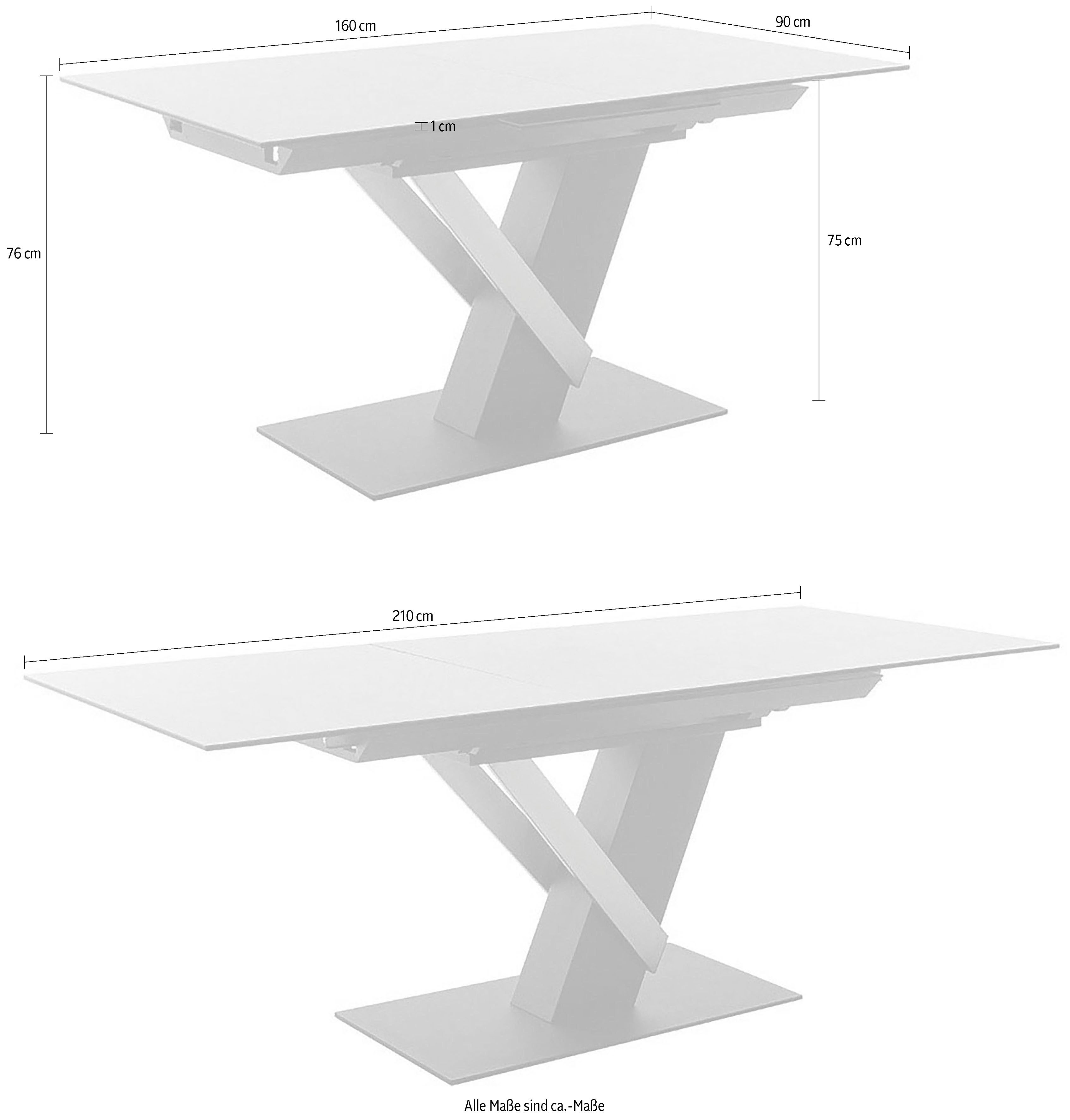 MCA furniture Eettafel MASSARO tafel met voet 160-210 cm Keramiek, metaal, synchronisatie-uittrekmechanisme, uittrekbaar, 6-8 personen