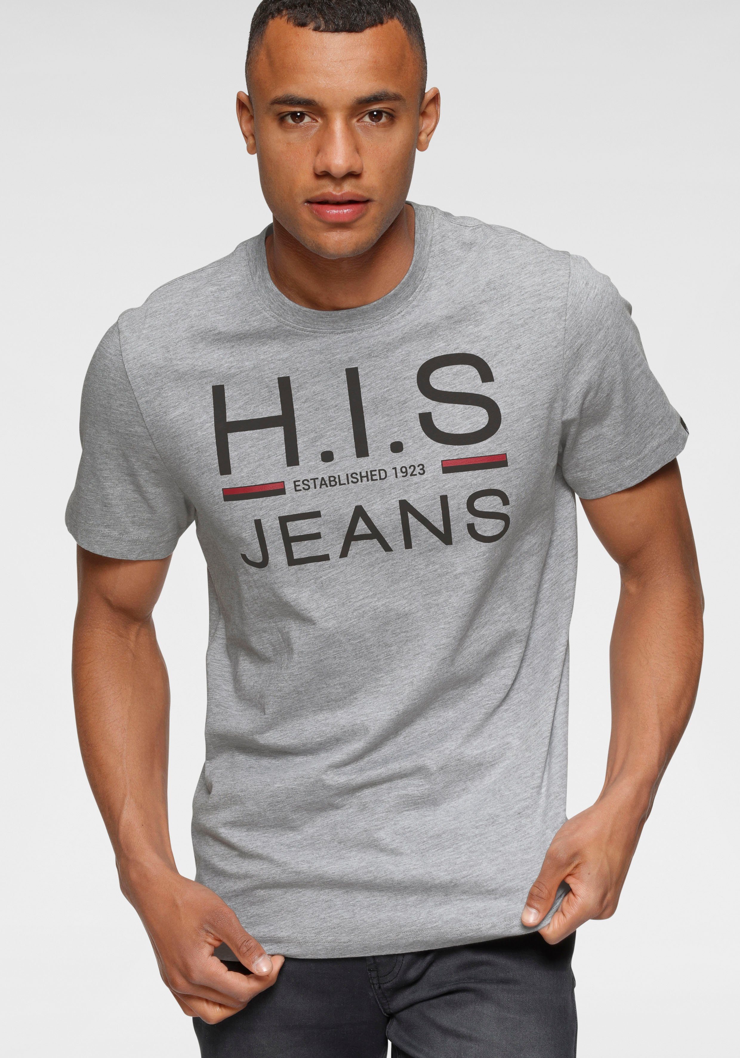 H.I.S Shirt met ronde hals slank gesneden, bedrukt ontwerp, ronde hals, van katoen (Set van 2)