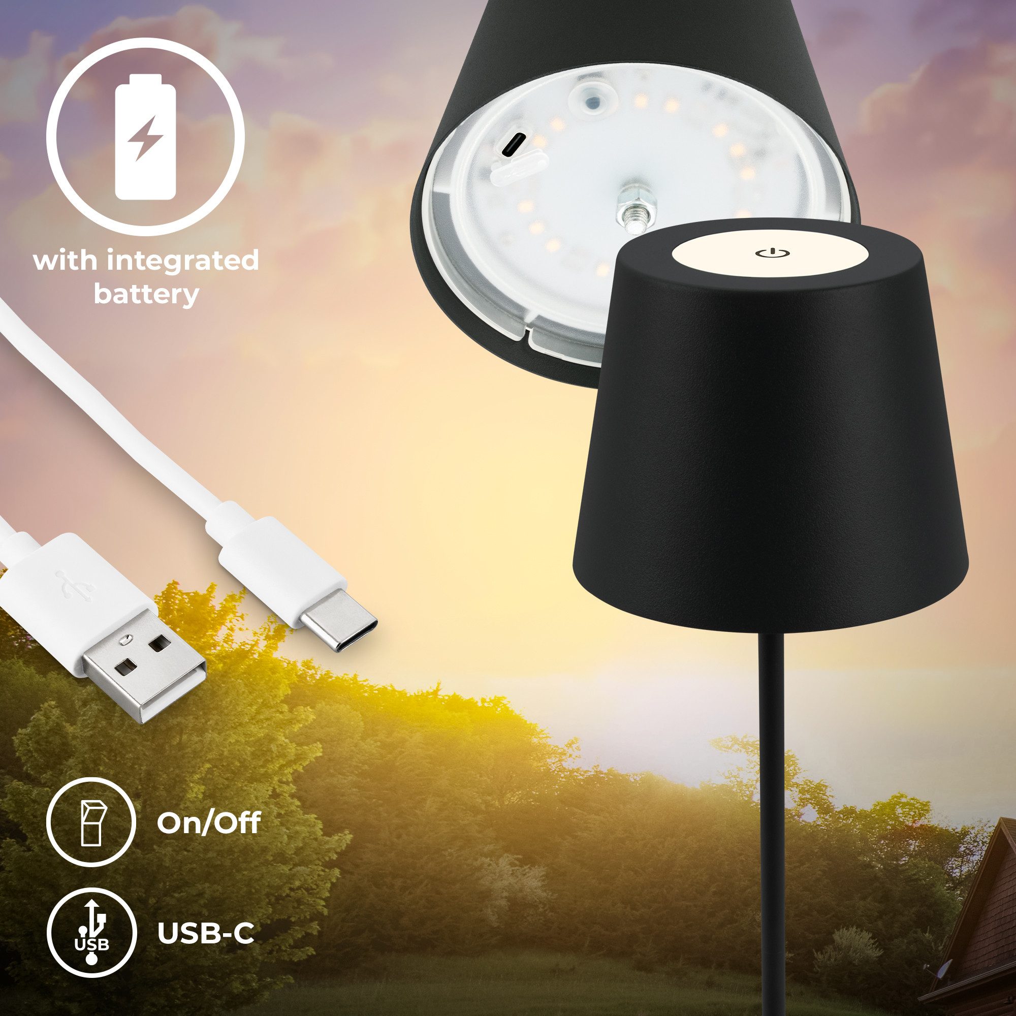 B.K.Licht Tafellamp voor buiten BK_TL1595 Accu LED tafellamp, 3-niveau touchdimmer, met USB 2.700 k, 200 lm, 2,5w, ip44, 12h brandduur, 36 x 10,5 cm, zwart (1 stuk)