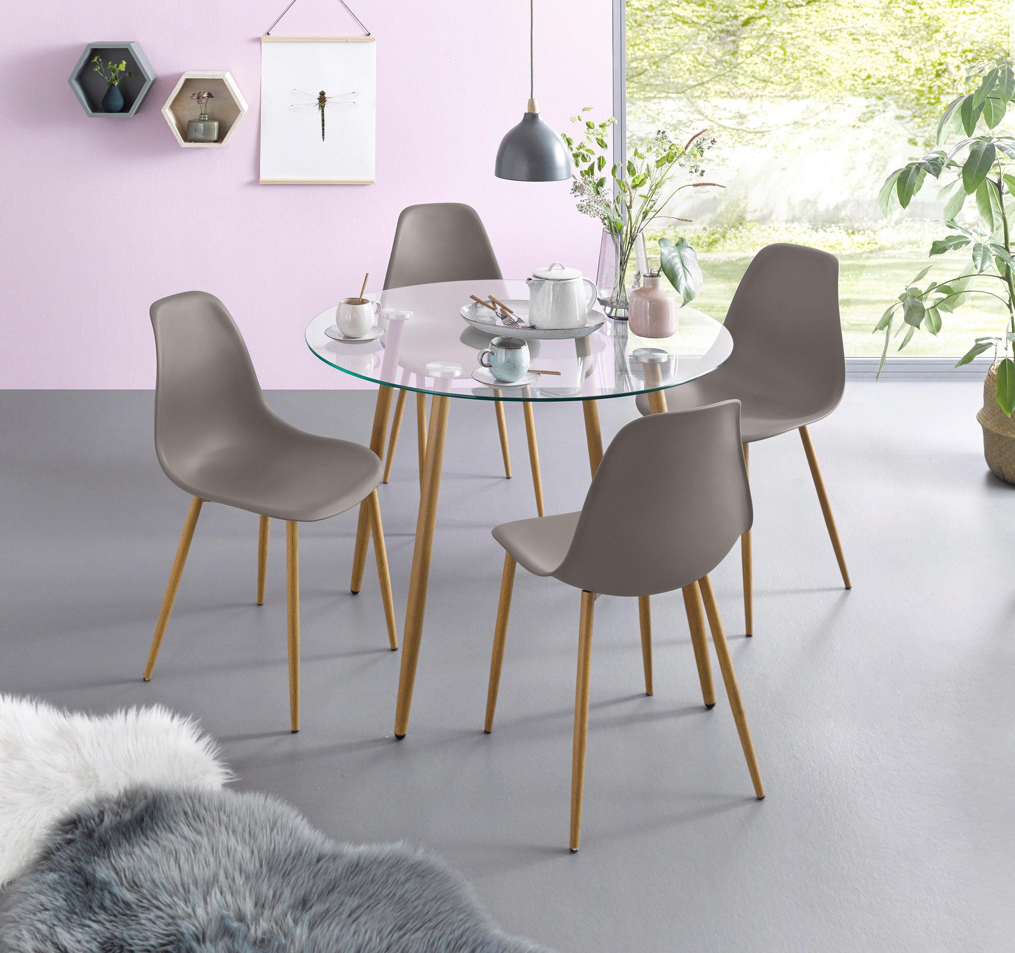 INOSIGN Eethoek MILLER Glazen tafel met 4 stoelen (kunststof kuipzitting) (set, 5-delig) eethoeken grijs