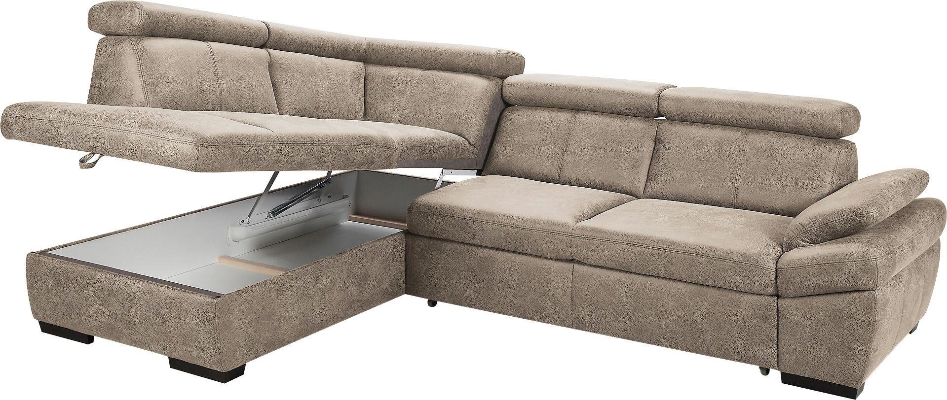 exxpo - sofa fashion Hoekbank Salerno, klassieke moderne functionele bank, hoog zitcomfort, L-vorm inclusief verstelbare hoofdsteun en armleuning, naar keuze met slaapfunctie
