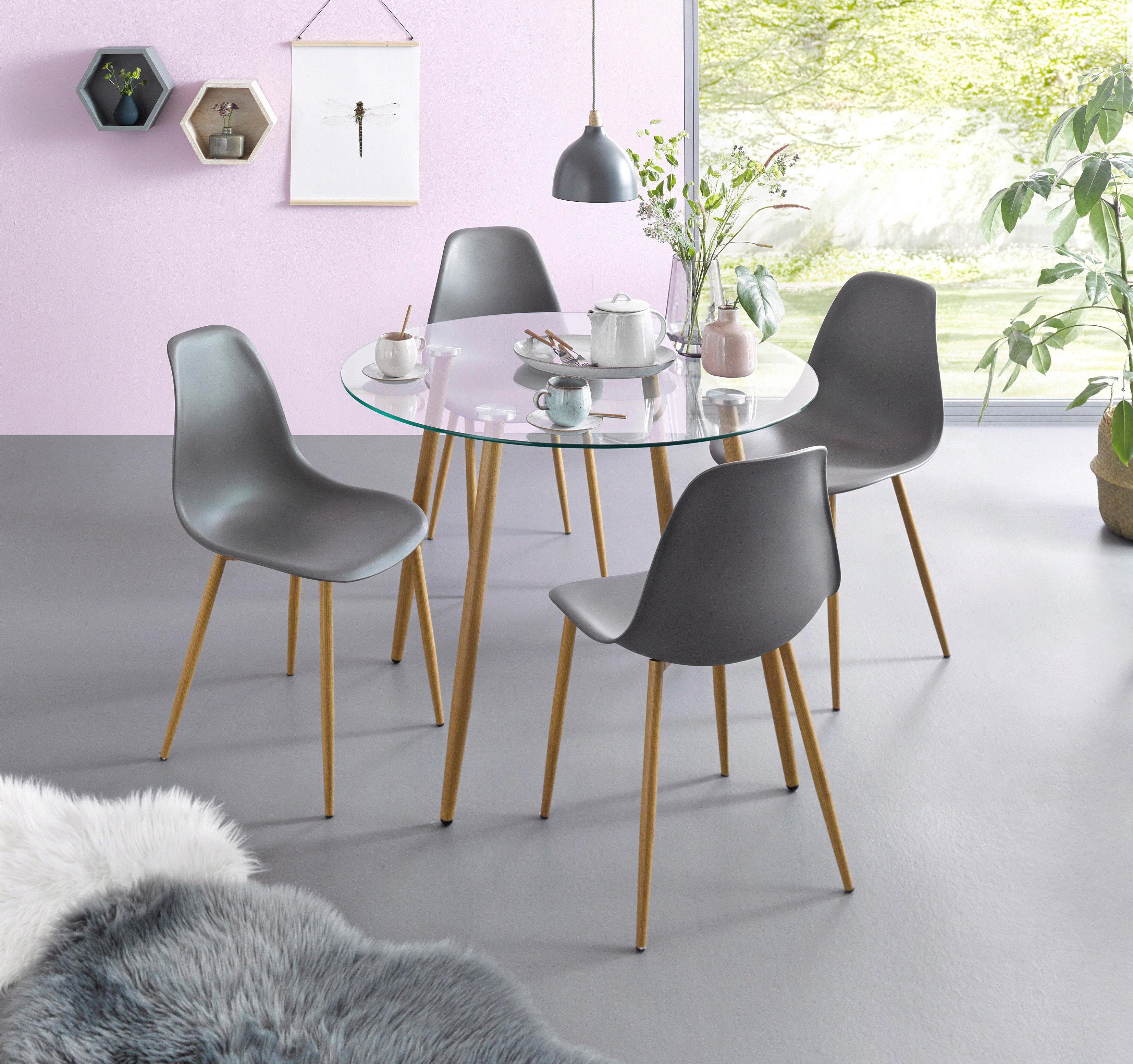 my home Eethoek MILLER Glazen tafel met 4 stoelen (kunststof kuipzitting) (set, 5-delig)