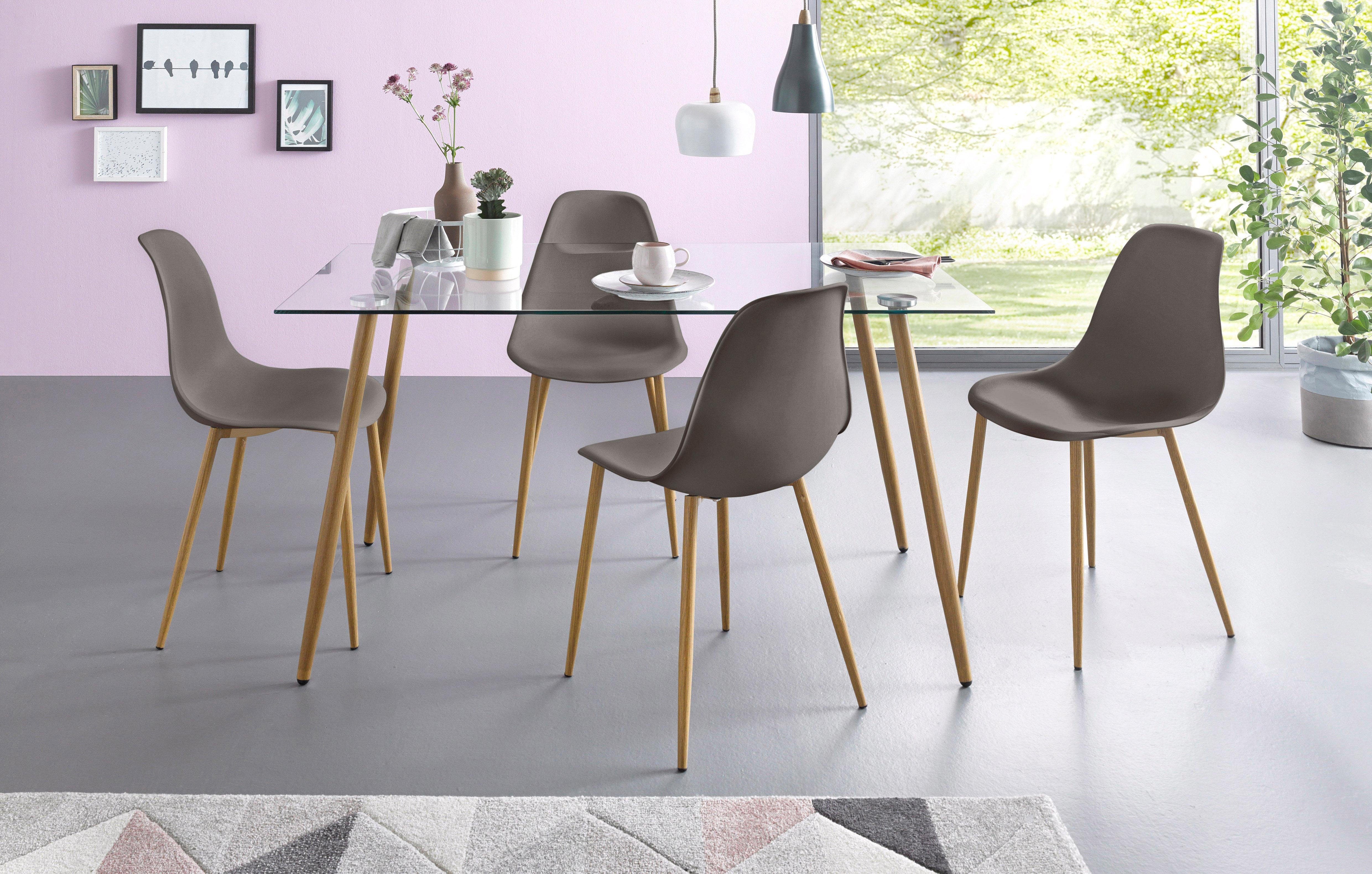 my home Eethoek MILLER Hoekige glazen tafel met 4 stoelen (kunststof kuipzitting) (set, 5-delig)