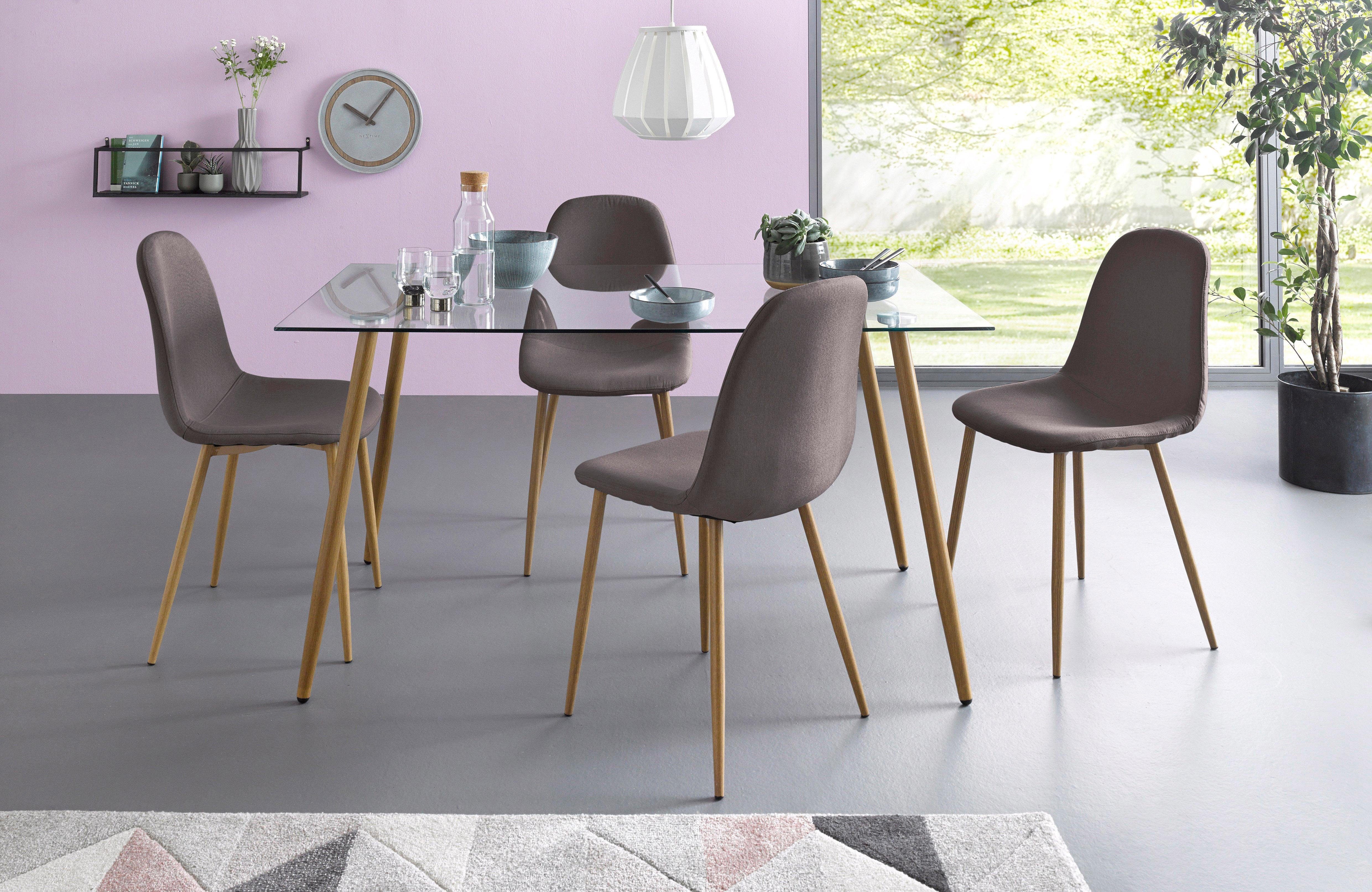 my home Eethoek MILLER Hoekige glazen tafel met 4 stoelen (weefstof) (set, 5-delig)