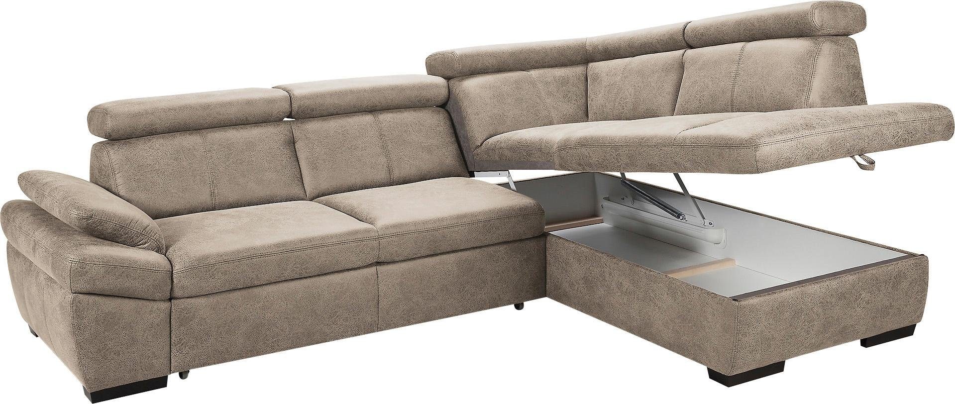 exxpo - sofa fashion Hoekbank Salerno, klassieke moderne functionele bank, hoog zitcomfort, L-vorm inclusief verstelbare hoofdsteun en armleuning, naar keuze met slaapfunctie