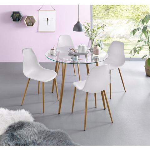 my home Eethoek MILLER Glazen tafel met 4 stoelen (kunststof kuipzitting) (set, 5-delig)