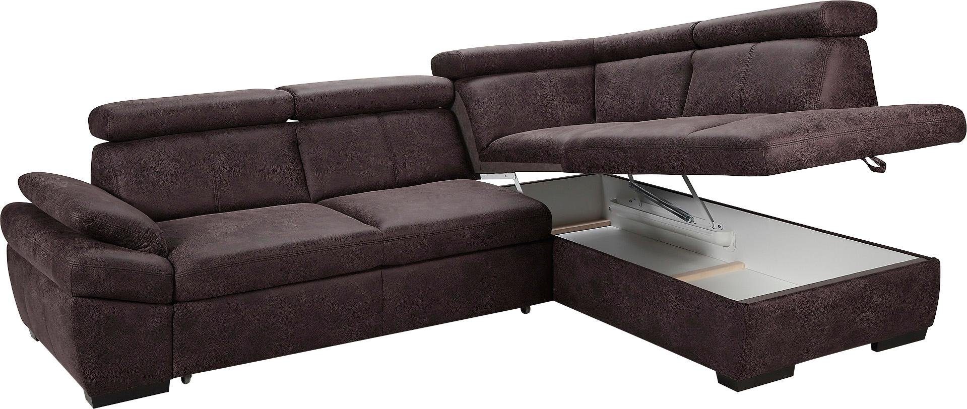 exxpo - sofa fashion Hoekbank Salerno, klassieke moderne functionele bank, hoog zitcomfort, L-vorm inclusief verstelbare hoofdsteun en armleuning, naar keuze met slaapfunctie
