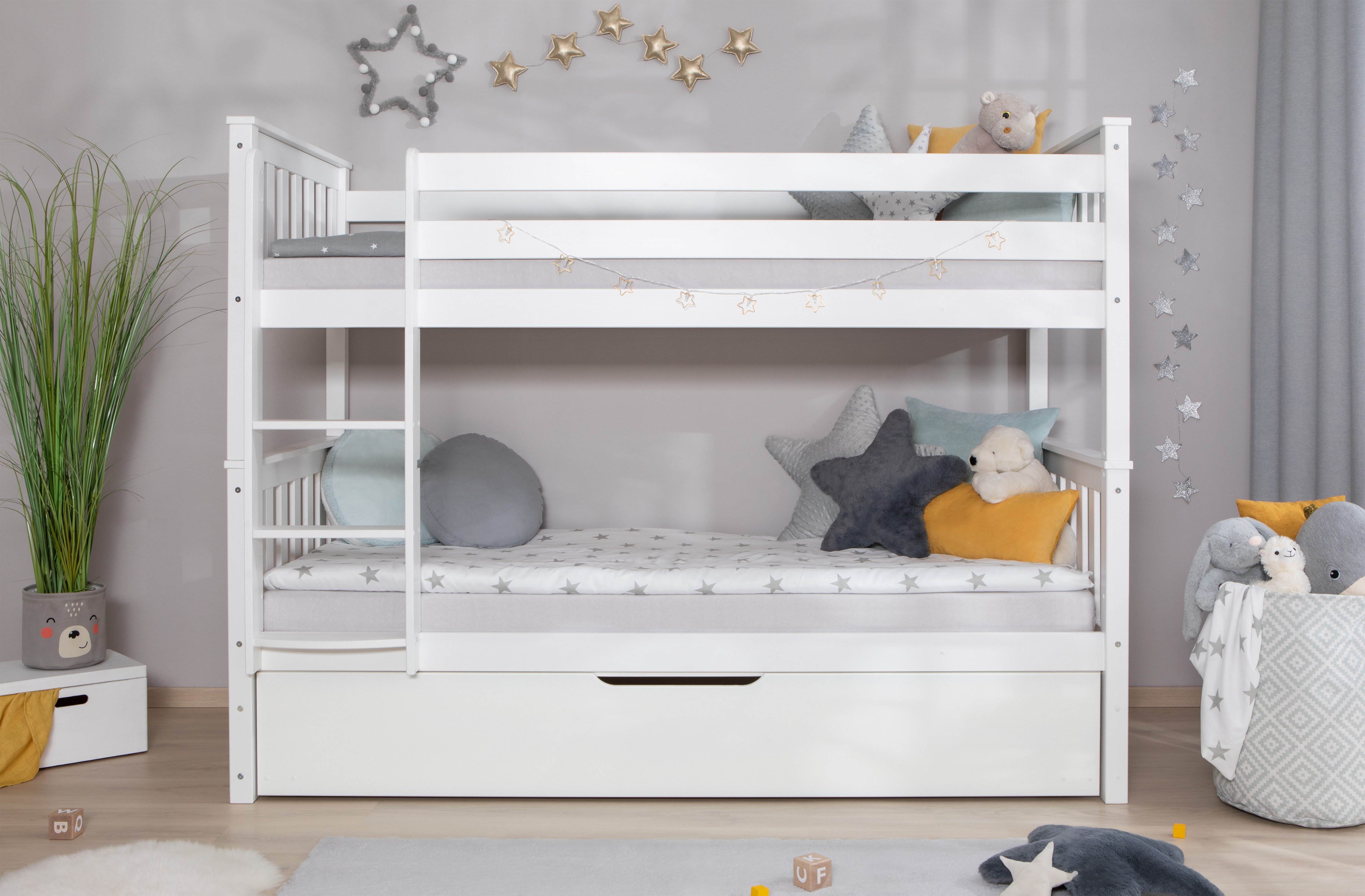 Ticaa Stapelbed Sammy, om te bouwen naar 2 eenpersoonsbedden, elegant ontwerp in landelijke stijl