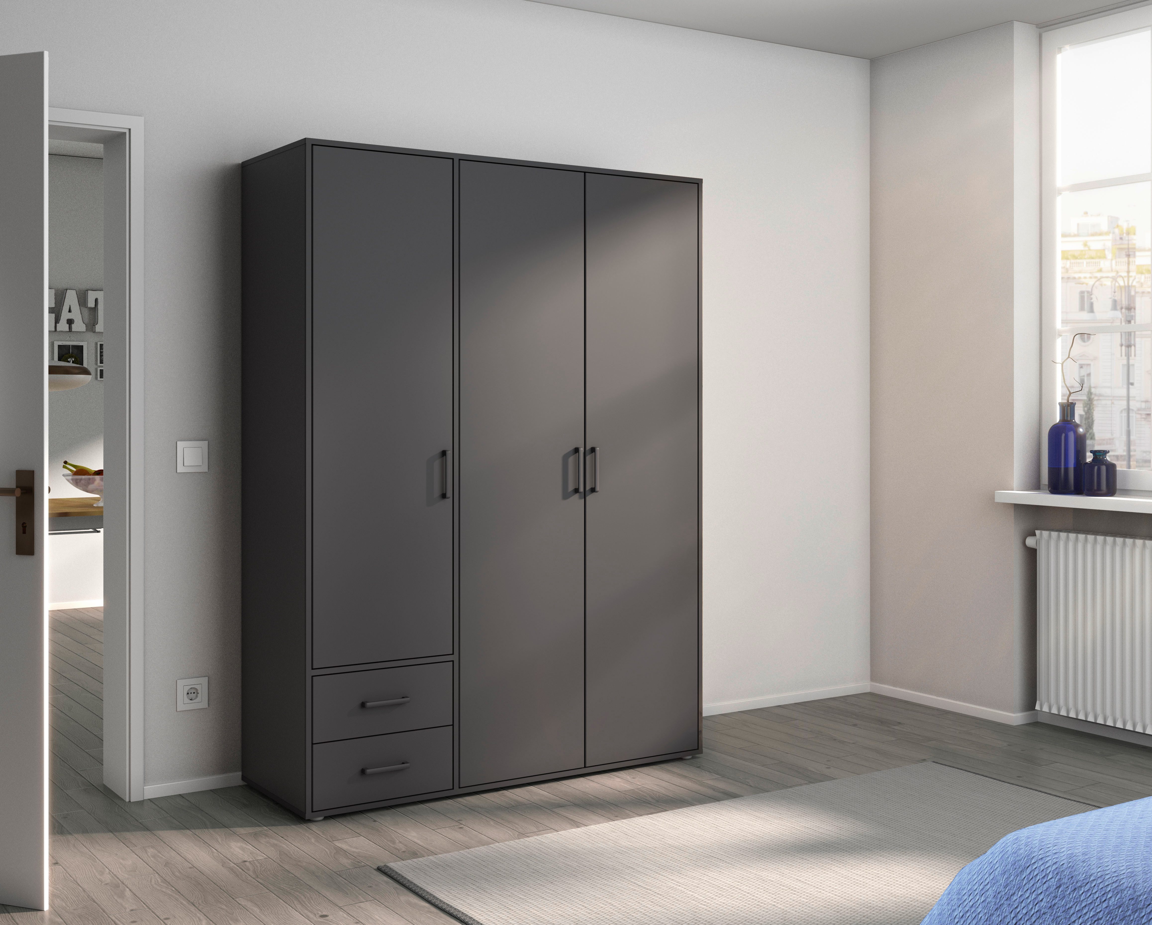 rauch Draaideurkast Kledingkast kast garderobe linnenkast VOYAGER moderne grepen in grijs metallic met buitenlades made in germany