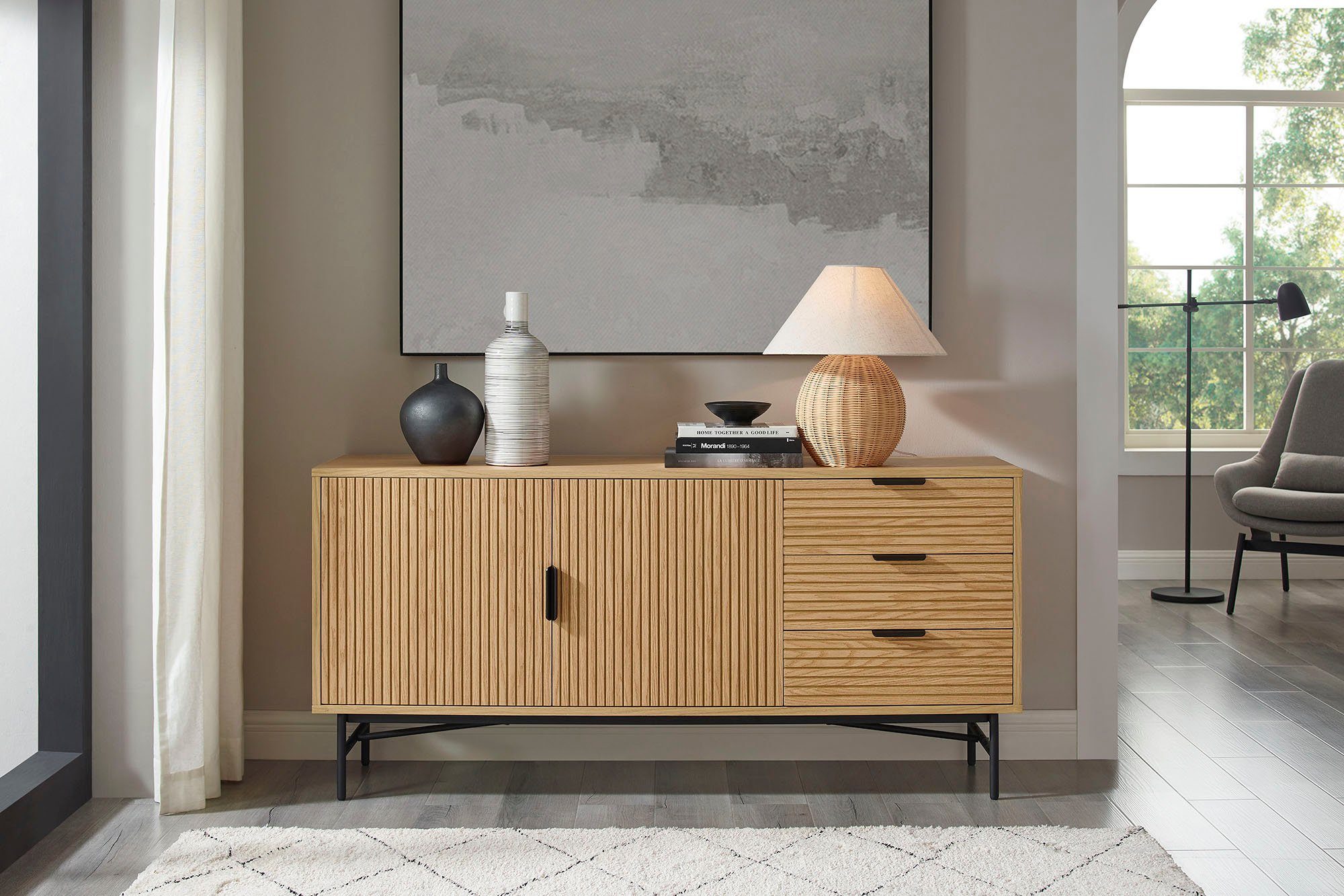 SalesFever Dressoir Commode, eikenhoutfineer, breedte 160 cm dressoirs beige