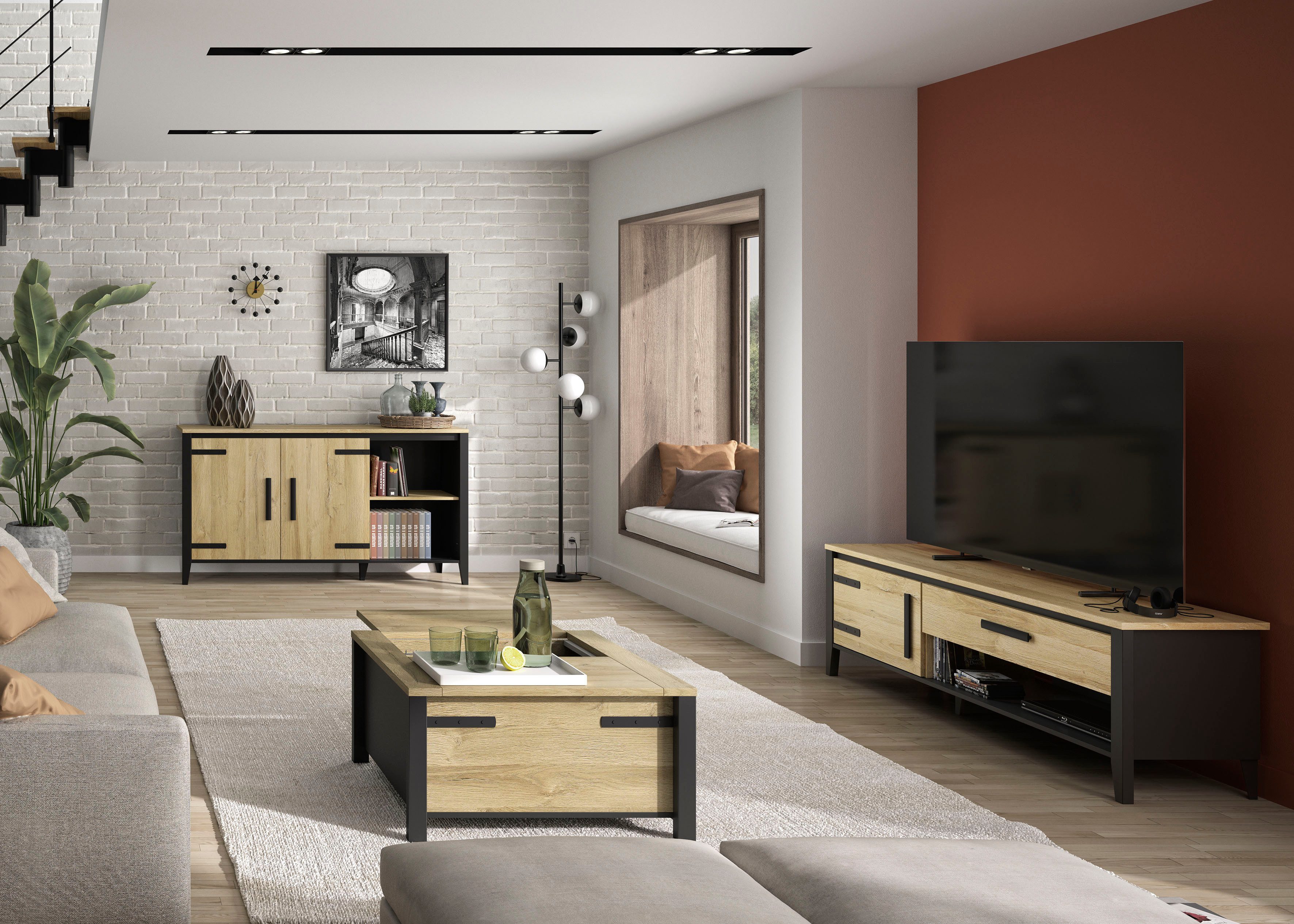 Gami Buffetkast CORK 2 volle deuren en 2 niches. 1 grote linker plank en 1 rechter plank buffetkasten beige