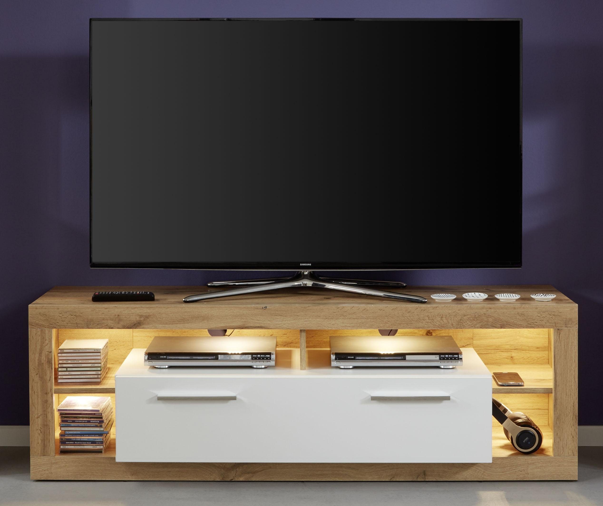 Rock TV-meubel 150 cm 1 deur, 4 open vakken Wotan Eiken decor, wit, wit hoogglans.