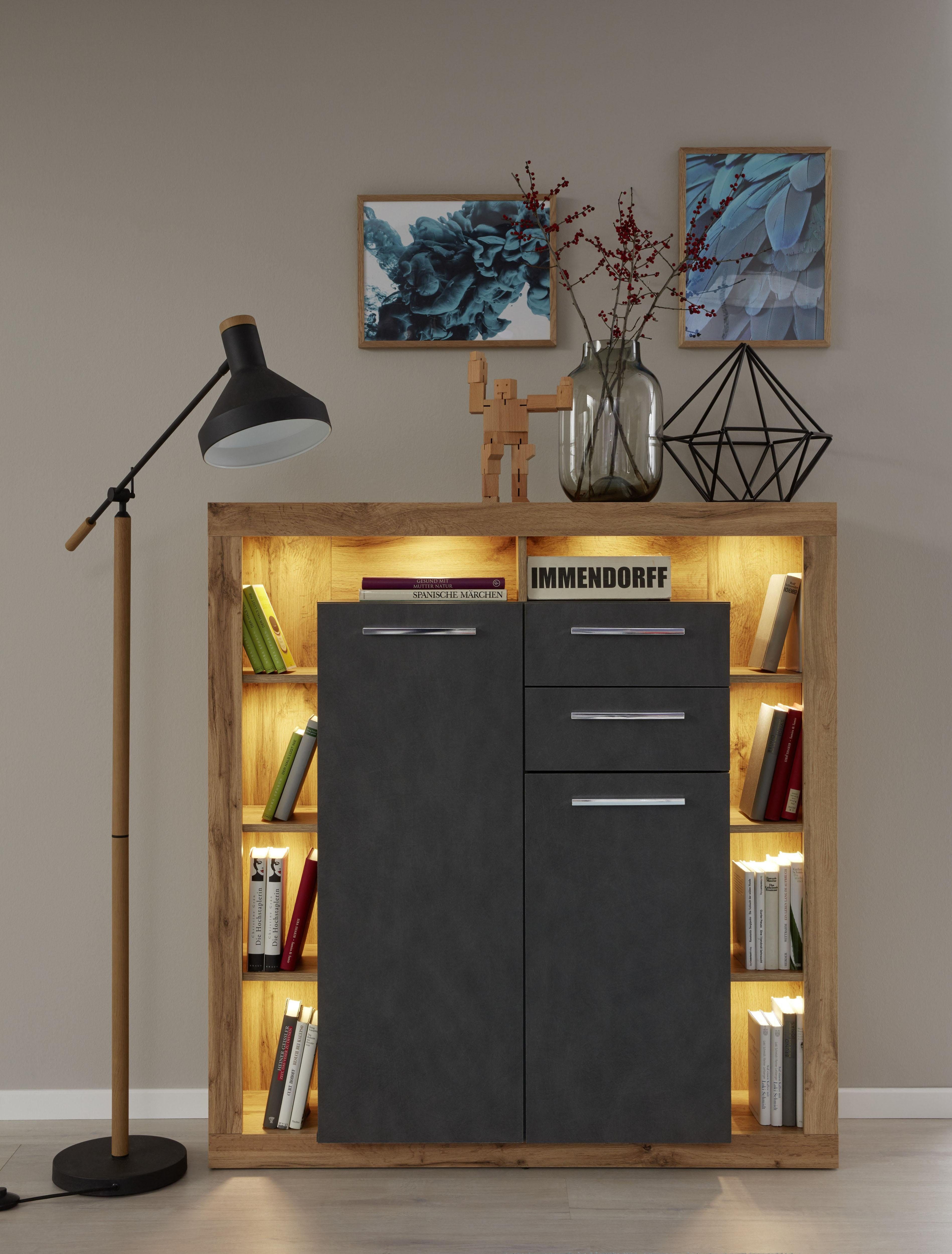 INOSIGN Highboard GWENDOLYN Moderne woonkamer kast met veel planken - (B/D/H) 121/40/128 cm (1 stuk) highboards grijs