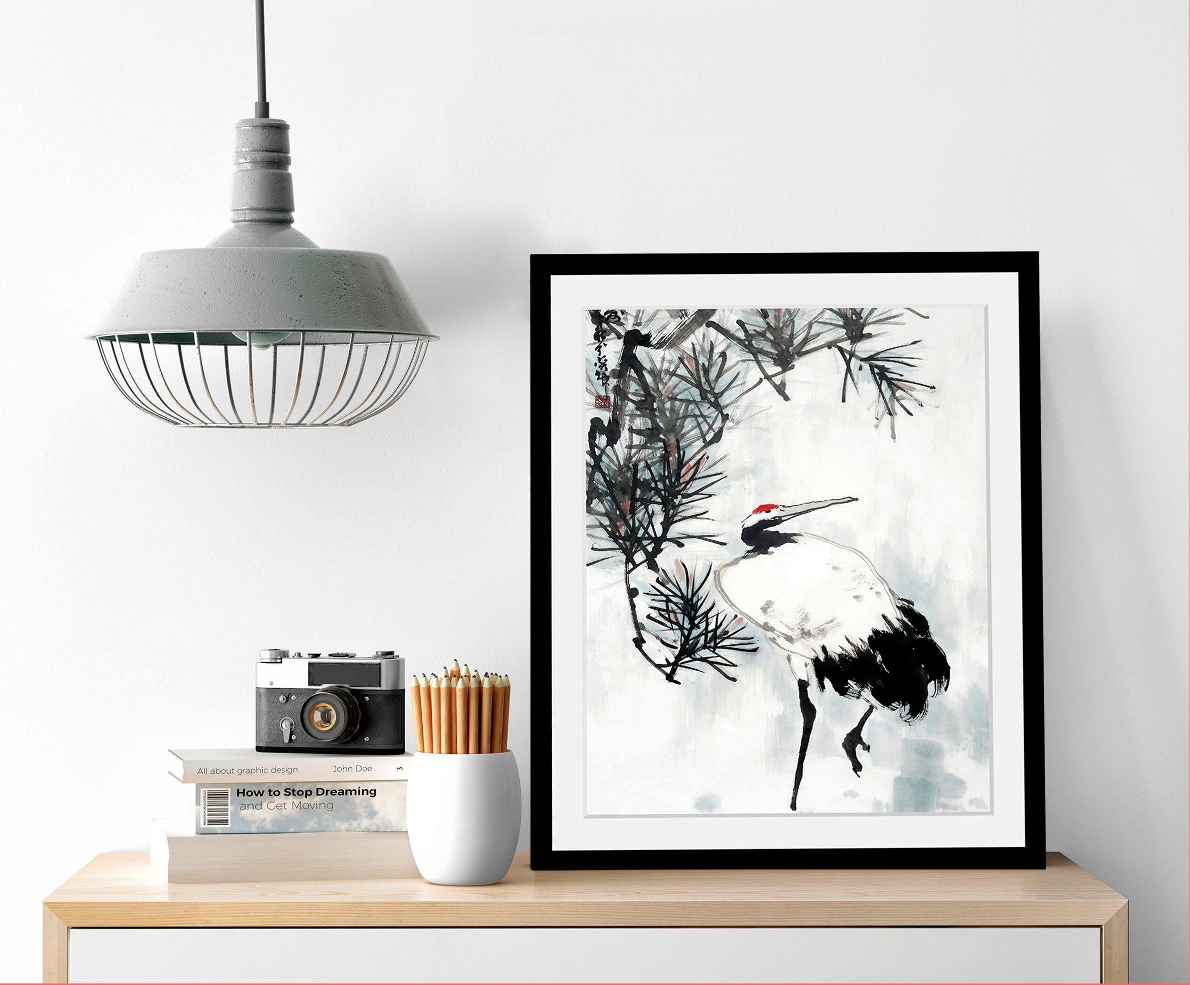 queence Wanddecoratie Kraanvogel HD premium posterdruk incl. houten lijst