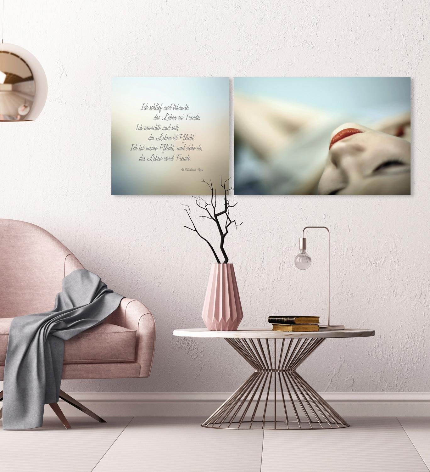 queence Artprint op linnen Plezier & plicht Premium canvasstof, handgemaakt in Duitsland, citaat, 2-delige set (set)