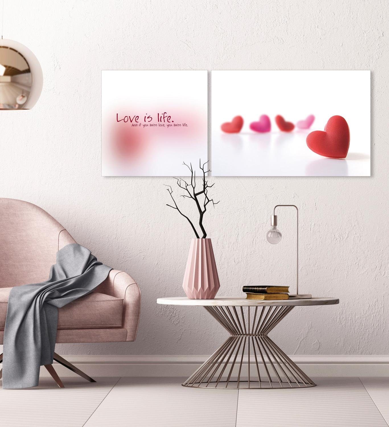 queence Artprint op linnen Love is Life Premium canvasstof, handgemaakt in Duitsland, uitspraak, 2-delige set (set)