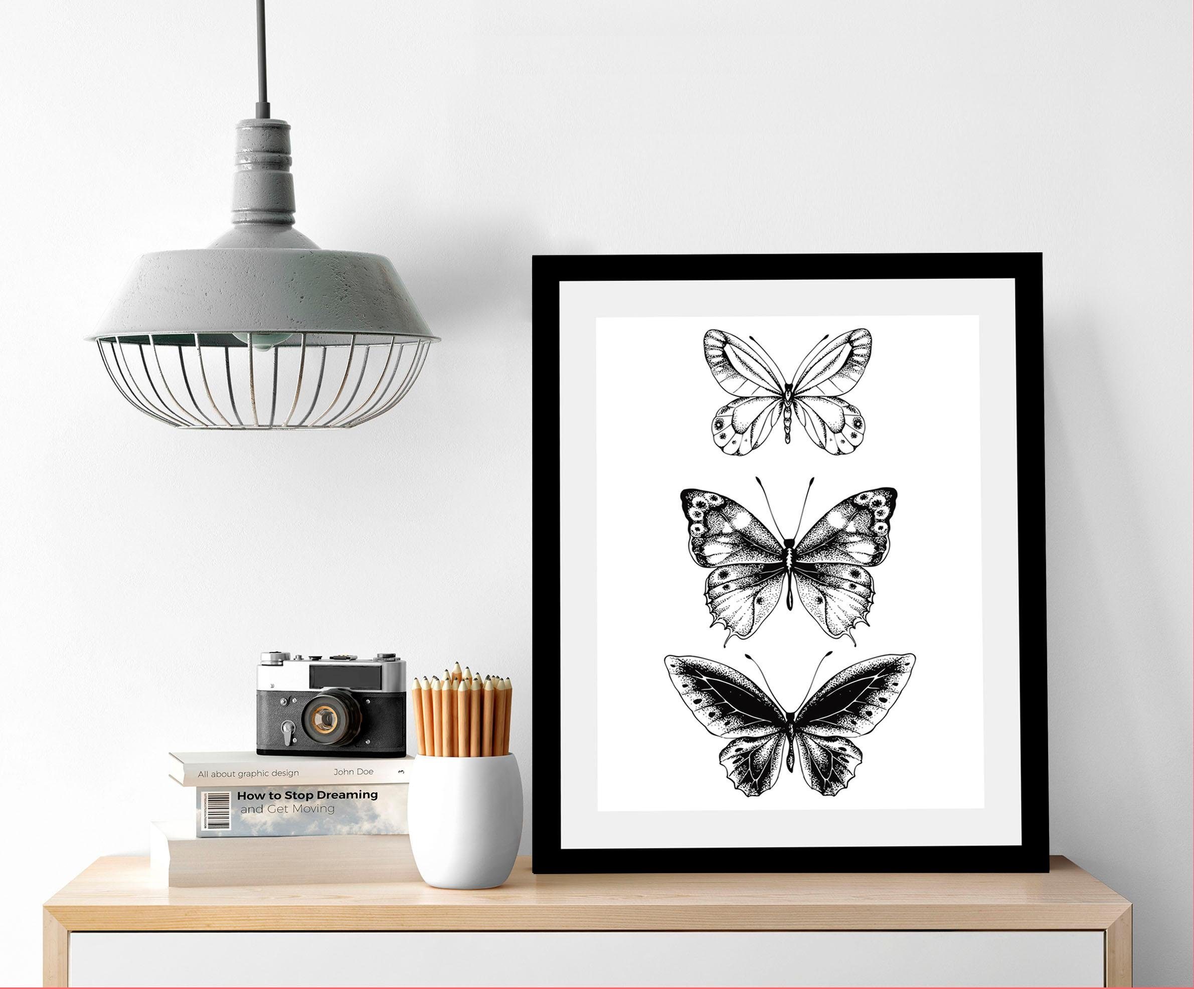 queence Wanddecoratie Vlinders HD premium posterdruk incl. houten lijst