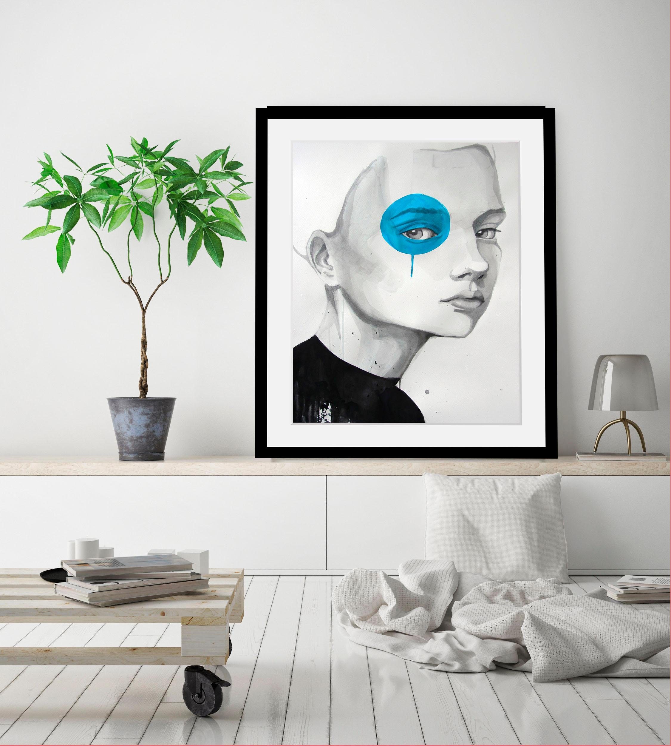 queence Wanddecoratie Gezicht met kleurvlek HD premium posterdruk incl. houten lijst