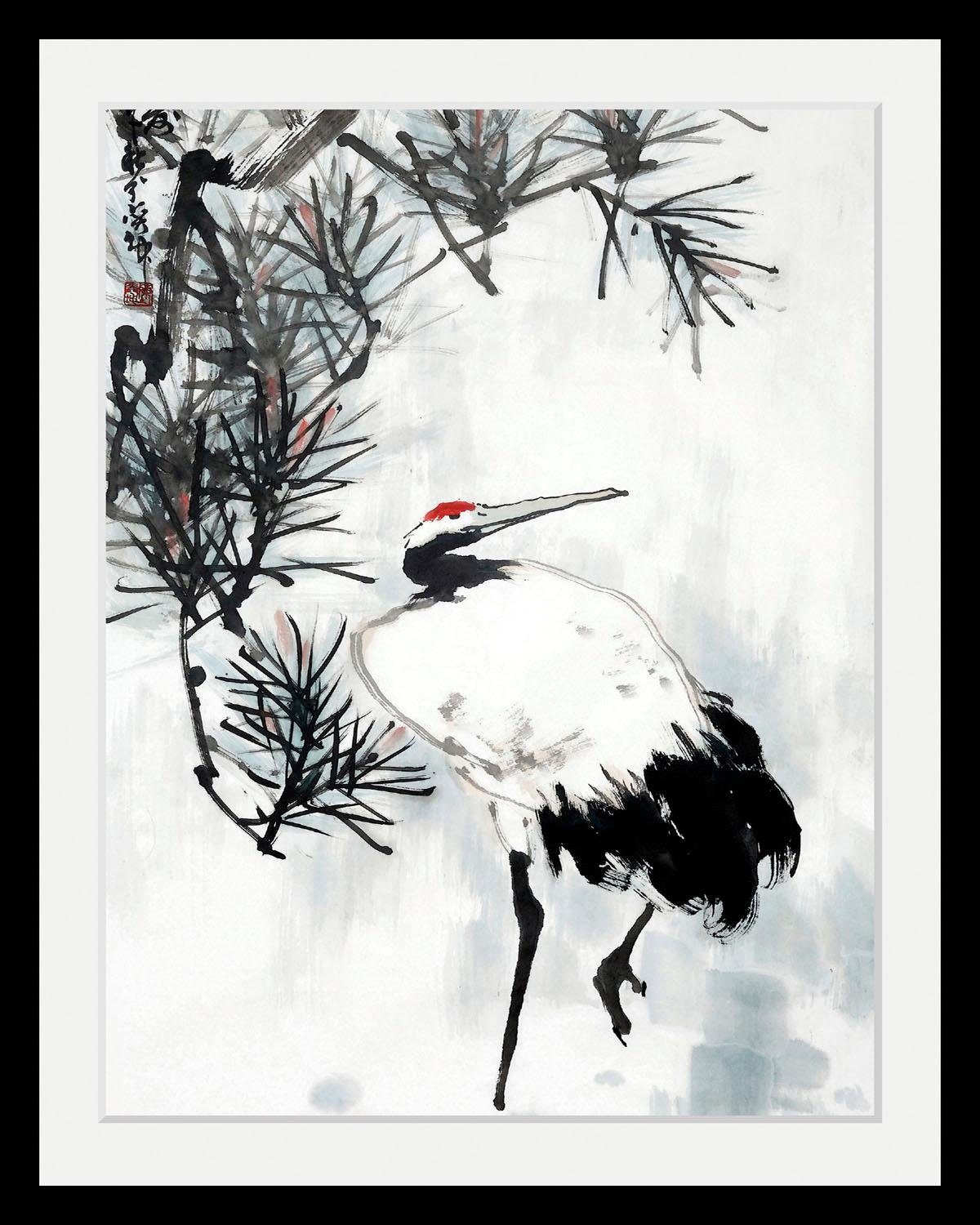 Queence Wanddecoratie Kraanvogel HD premium posterdruk incl. houten lijst
