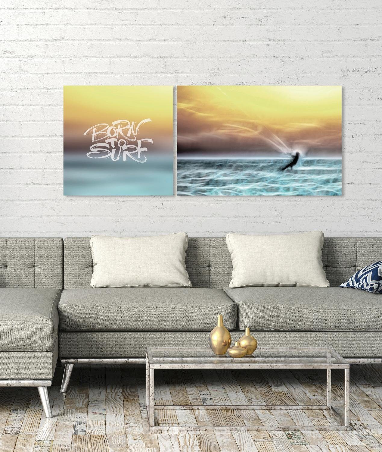 queence Artprint op linnen Born to surf Premium canvasstof, handgemaakt in Duitsland, uitspraak, 2-delige set (set)