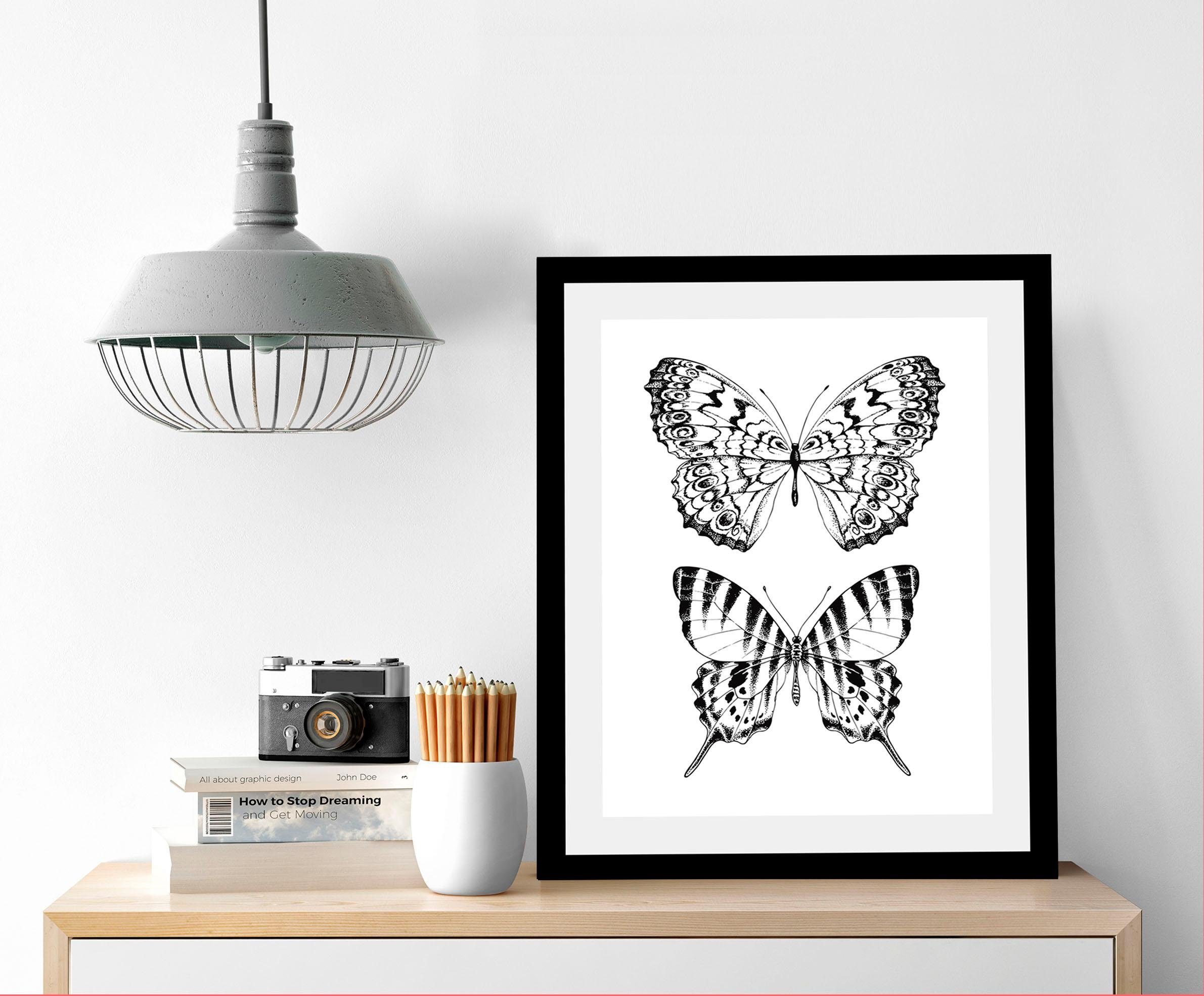 queence Wanddecoratie Vlinders HD premium posterdruk incl. houten lijst