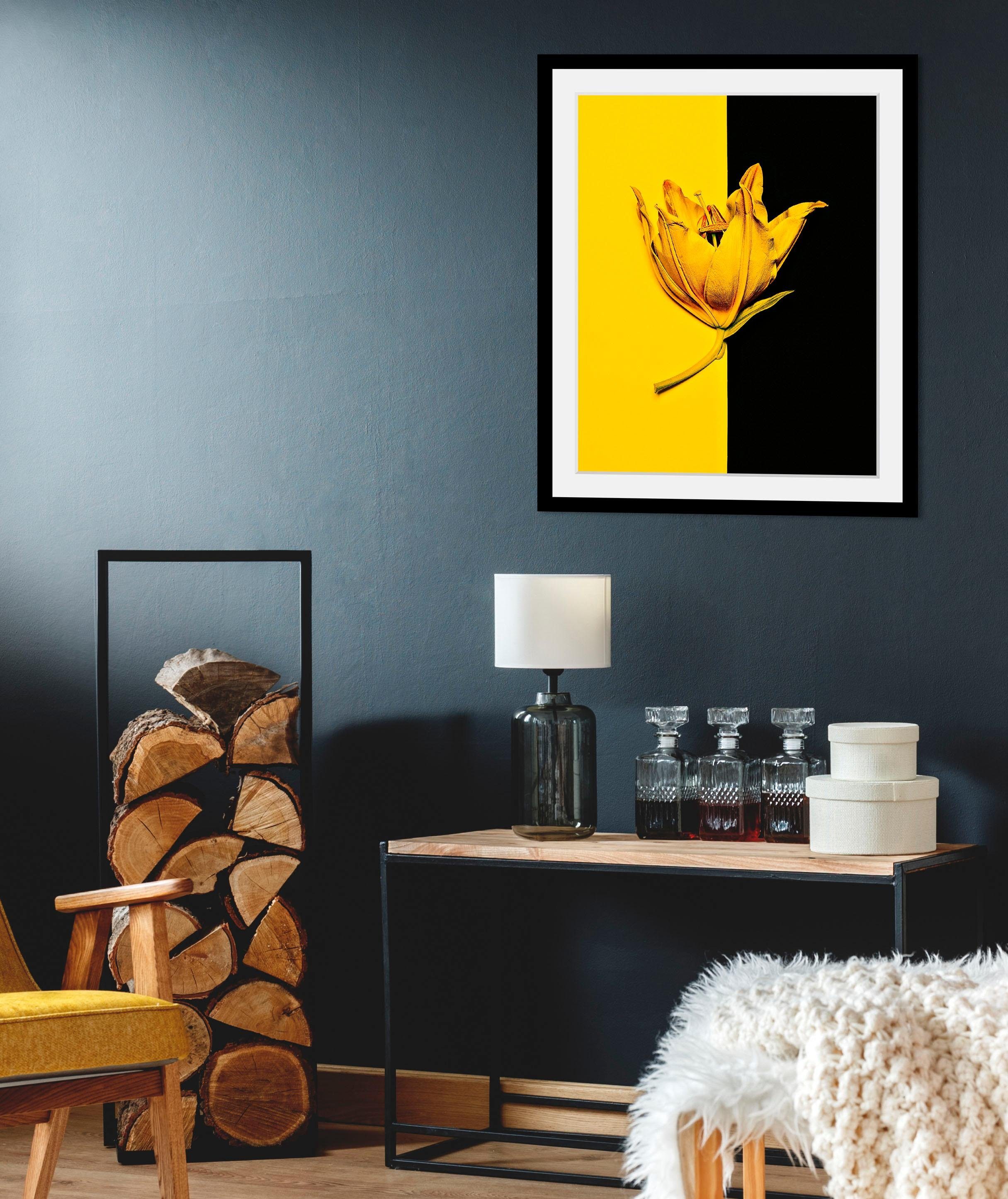 queence Wanddecoratie Bloem HD premium posterdruk incl. houten lijst
