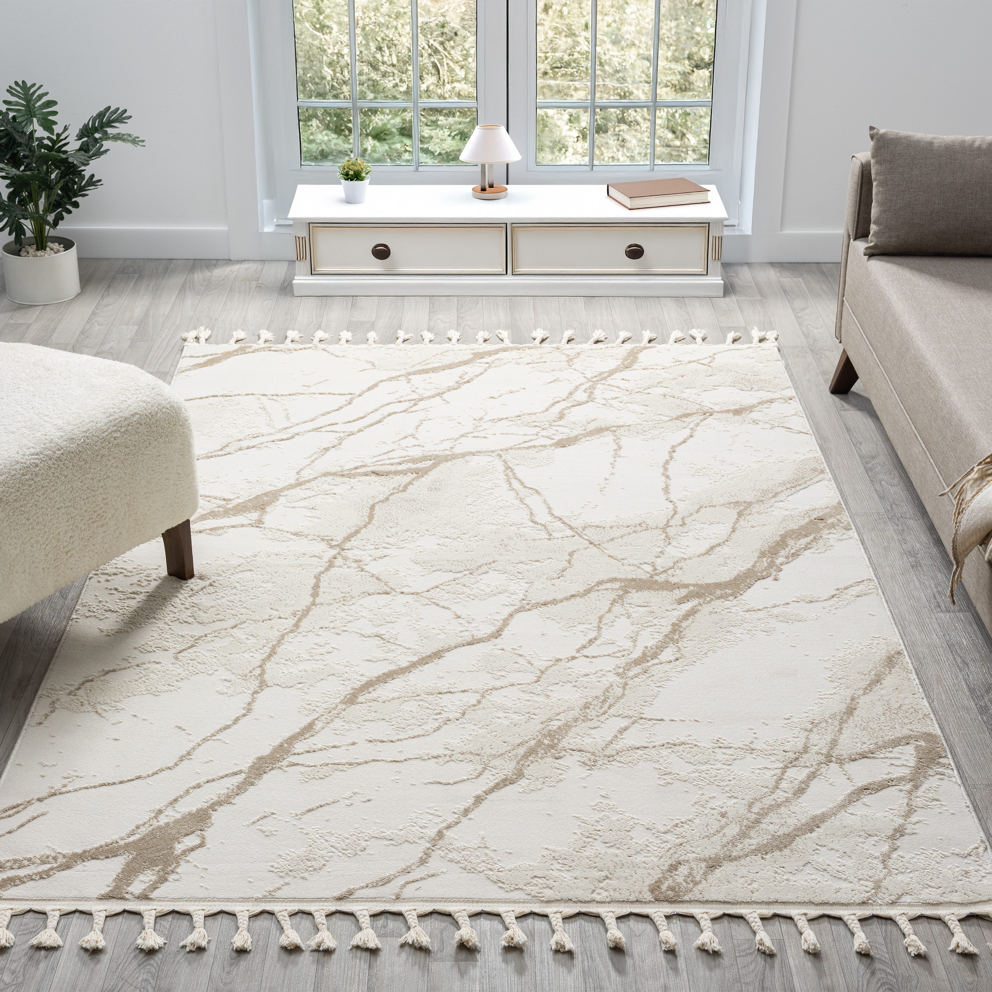 my home Vloerkleed Zoe, Hoog-Laag-Structuur met franjes, modern marmerdesign, woonkamer, slaapkamer,