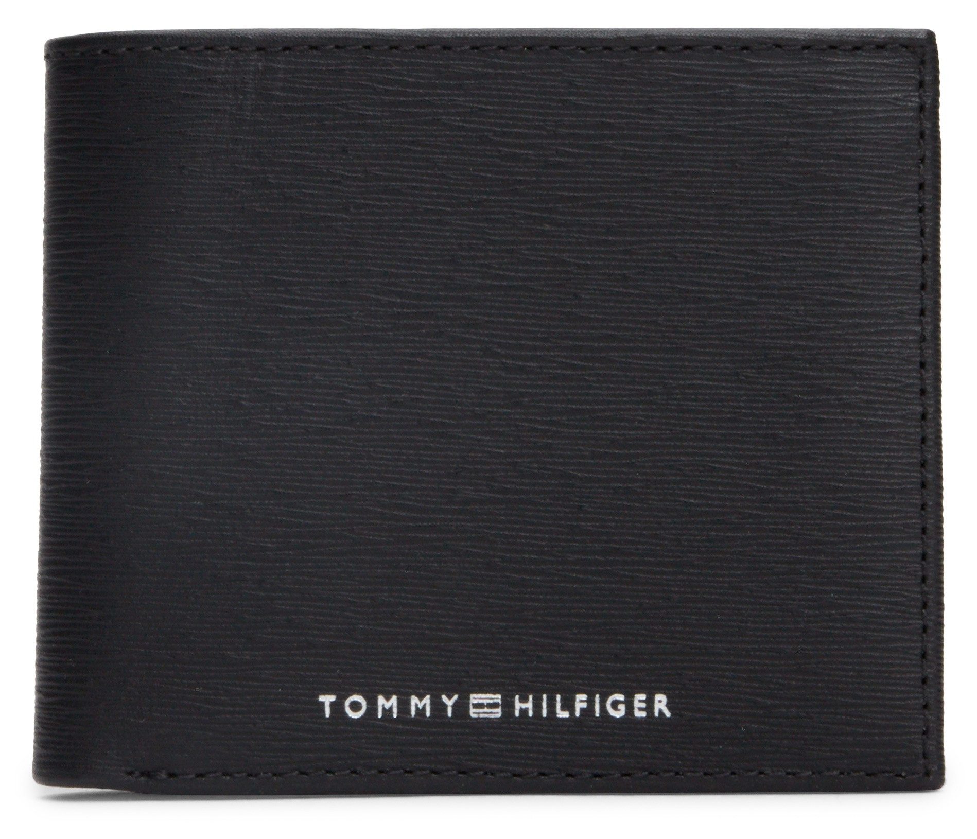 Tommy Hilfiger Zwarte Leren Portemonnee Bifold Gehamerd Afwerking Black Heren