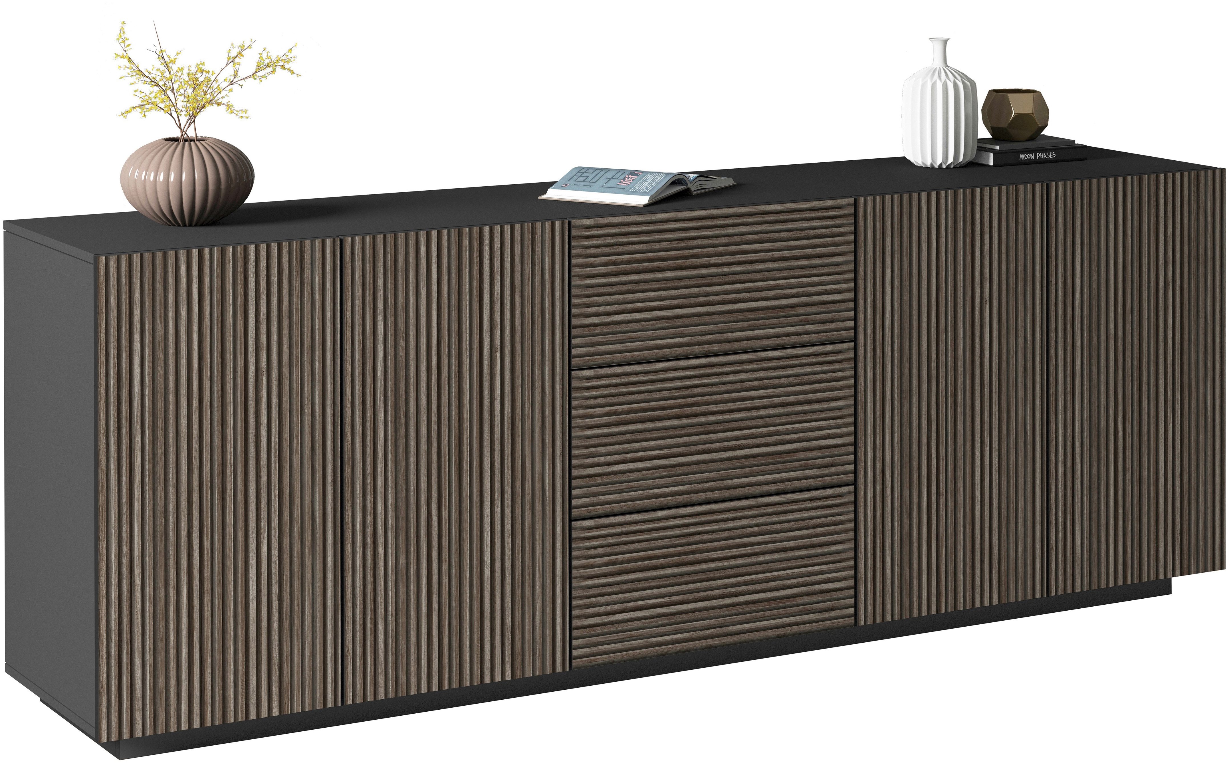 INOSIGN Dressoir Vega Sideboard, Ladekast, 220 cm met 4 deuren en 3 lades, fronten met groeflook