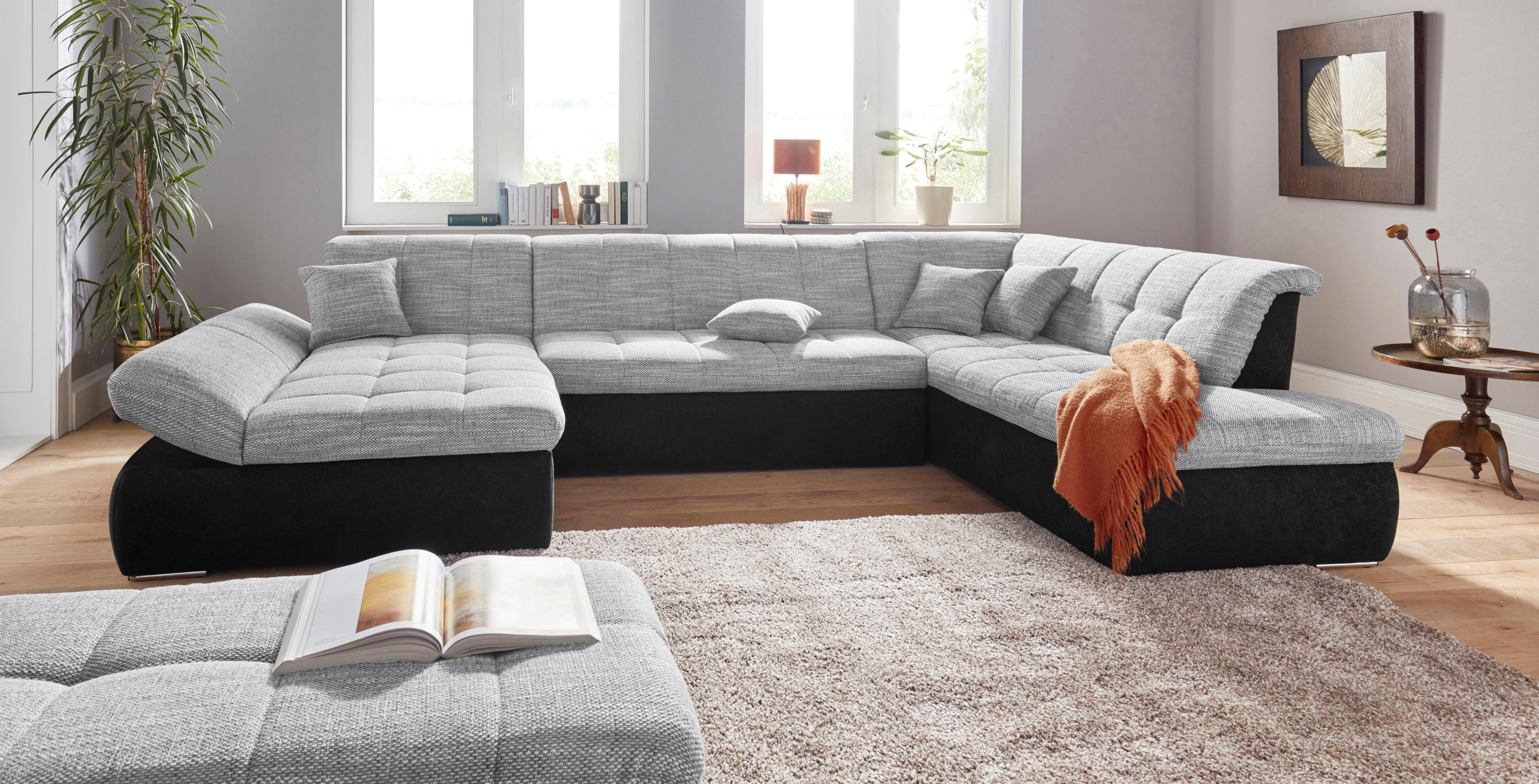 DOMO collection Zithoek PB Moric optioneel met slaapfunctie + armsteunverstelling, L-vorm XXL-formaat BxDxH: 353x216x80 cm, fijn doorgestikt patroon, incl. sierkussens