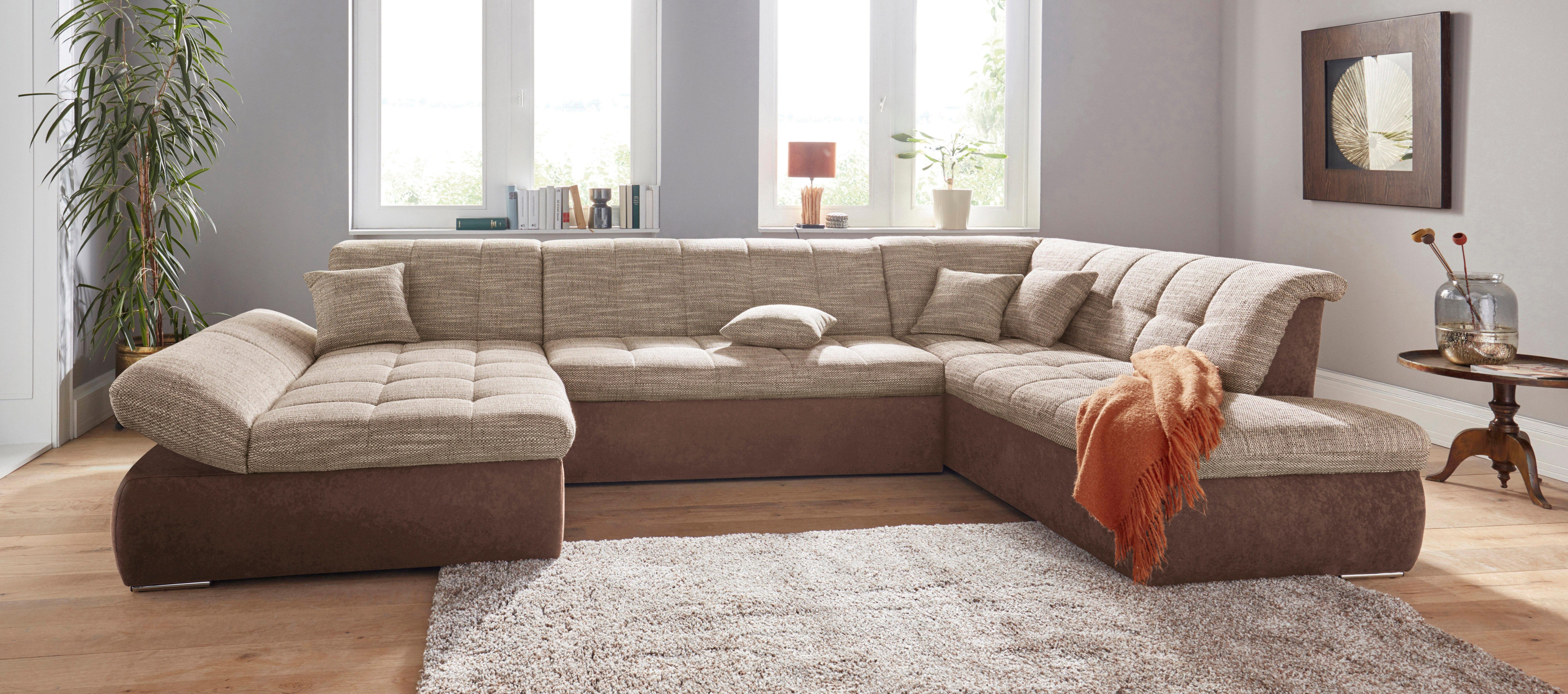 DOMO collection Zithoek PB Moric optioneel met slaapfunctie + armsteunverstelling, L-vorm XXL-formaat BxDxH: 353x216x80 cm, fijn doorgestikt patroon, incl. sierkussens