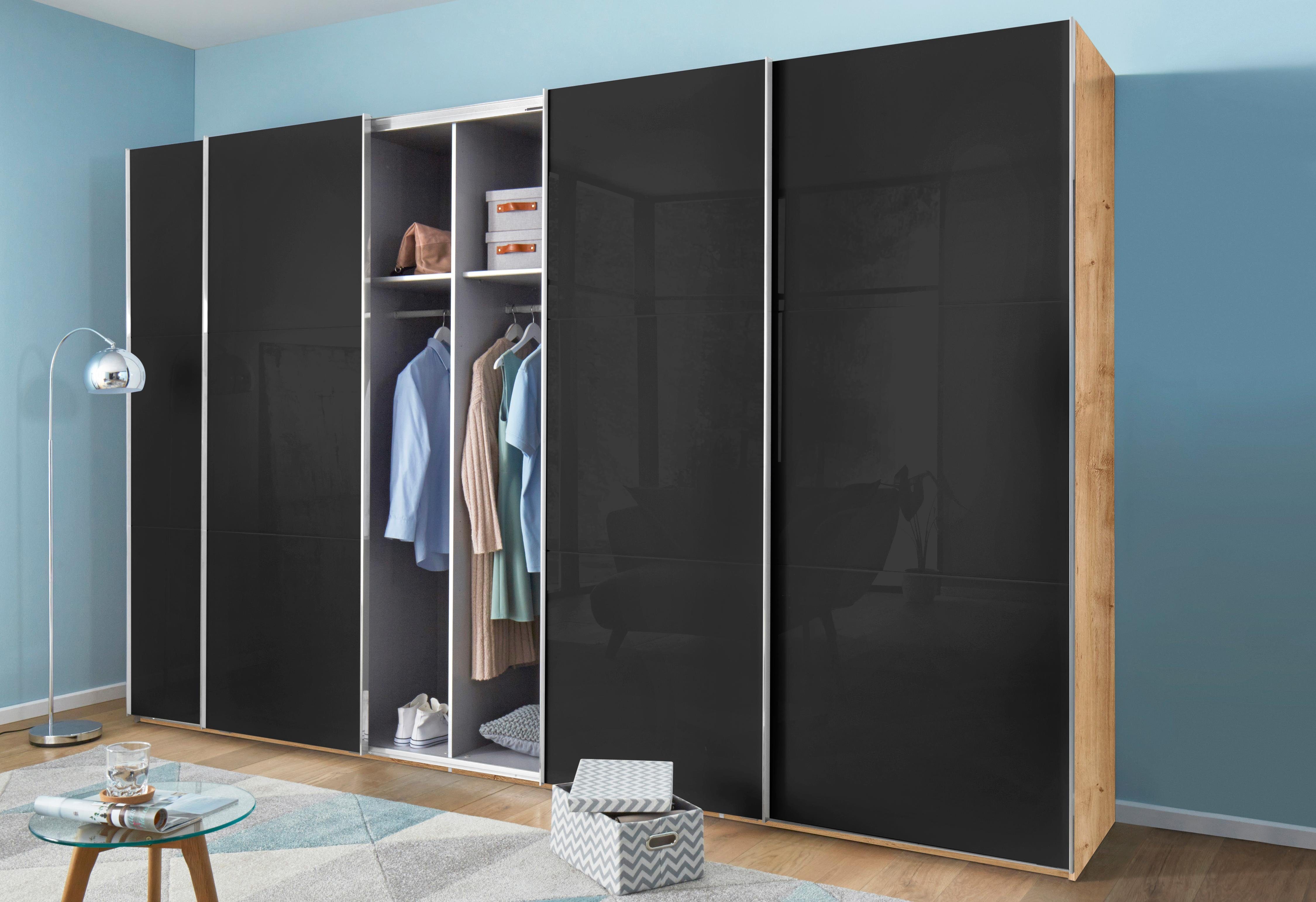 Wimex Zweefdeurkast Level by fresh to go met glazen deuren en synchroon openen zweefdeurkasten maat 300 cm x 216 cm bruin