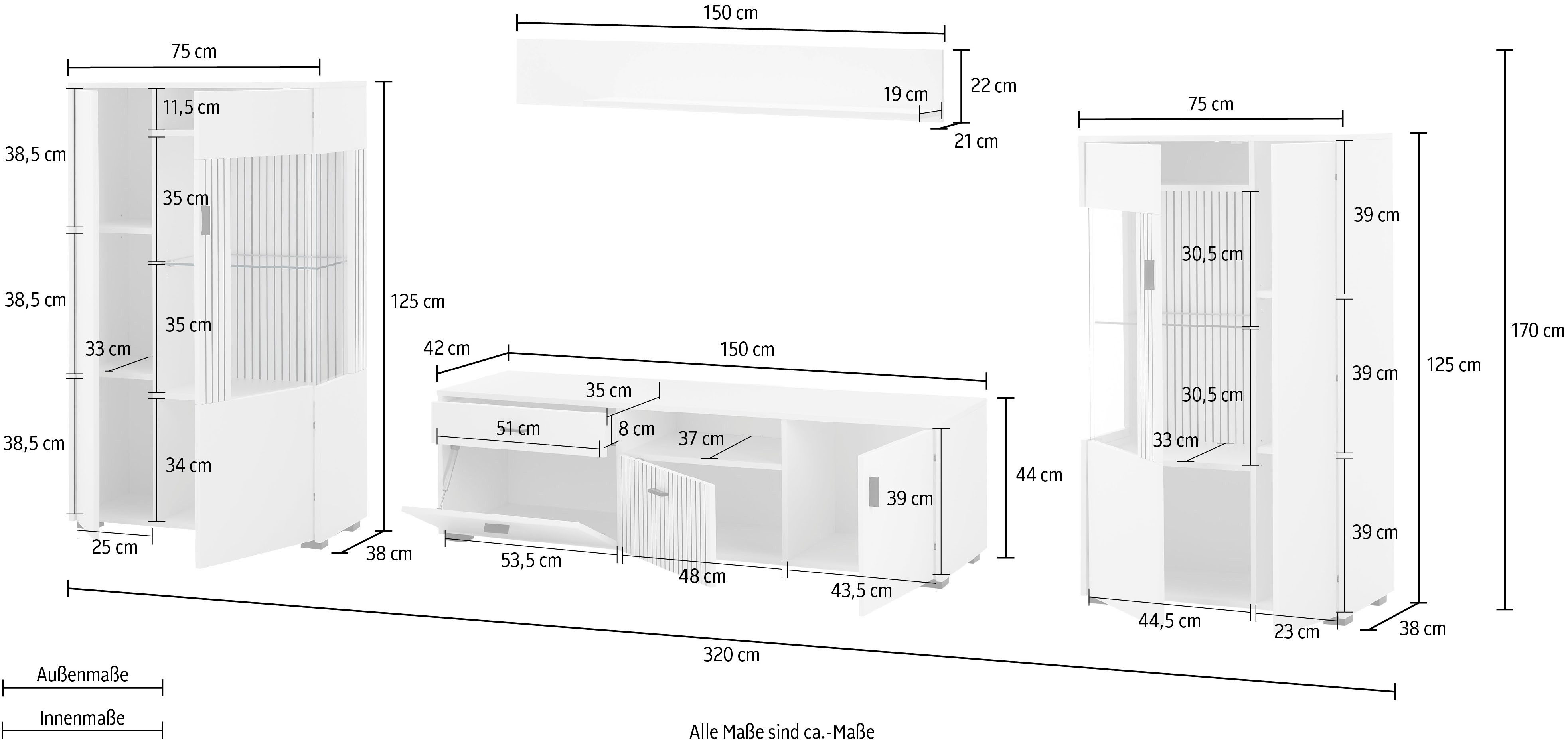 INOSIGN Wandmeubel Hudson met moderne groevenlook, handgrepen van metaal (zwart), breedte 320 cm (set, 4-delig)