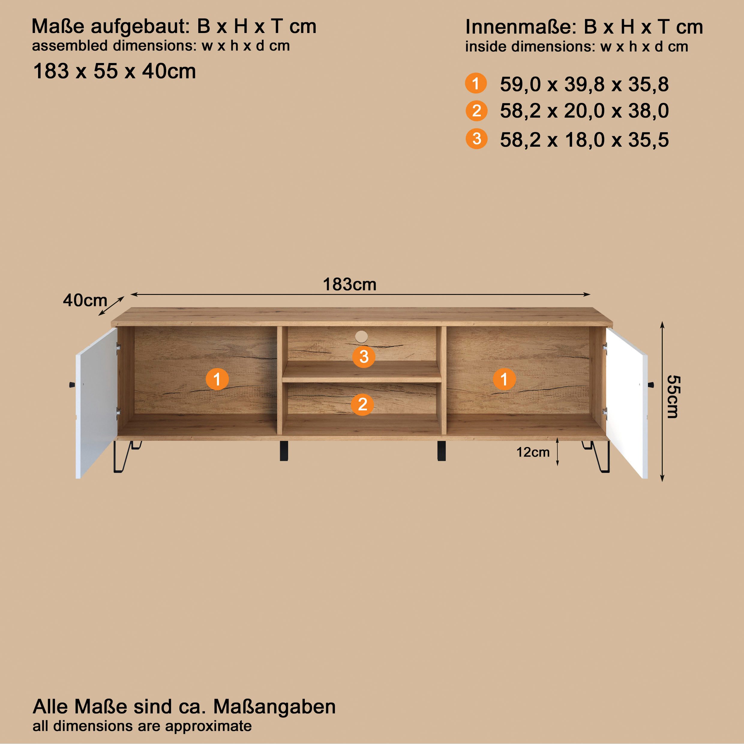 Places of Style Tv-meubel Tarragona TV-kast TV-lowboard met frezingen in ruitlook en kabeldoorvoer, Br.183 cm
