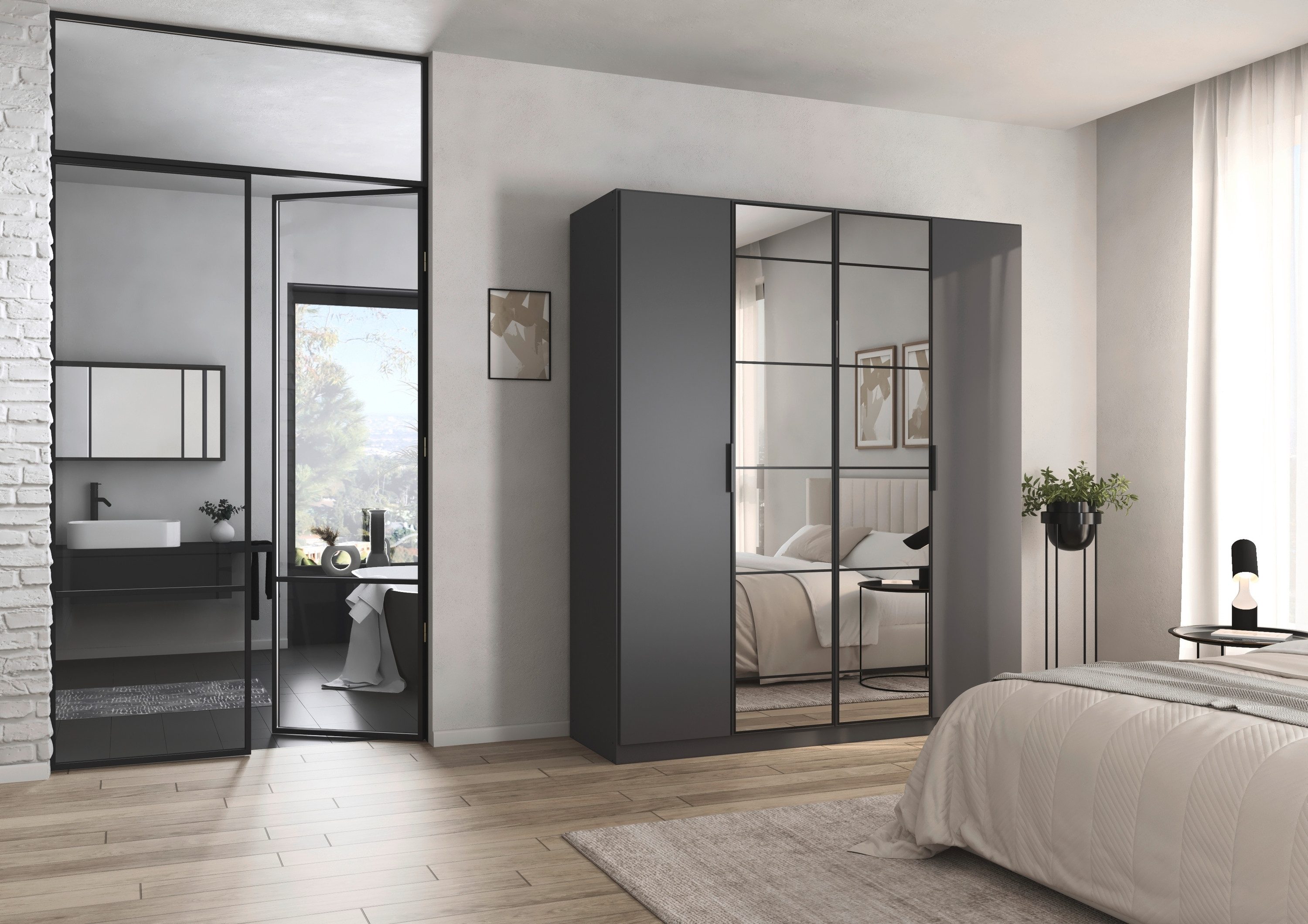 rauch Draaideurkast Kledingkast Kast Garderobe Slaapkamerkast ACERO Middeldeuren met spiegel in moderne loft-look MADE IN GERMANY