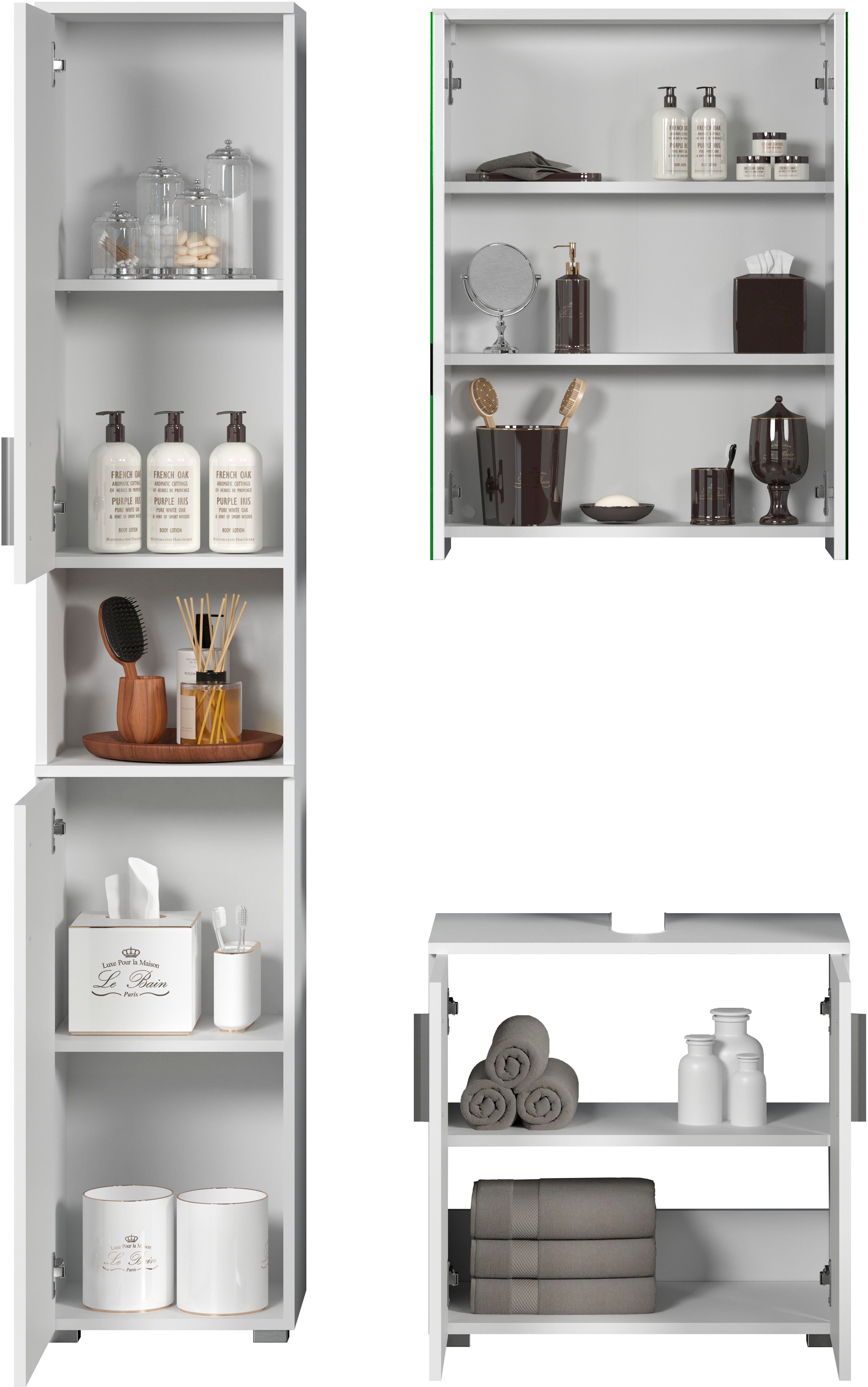 welltime Badkamerset Praag Hoge kast, wastafel en spiegelkast met verticale frezingen (set, 3 stuks)