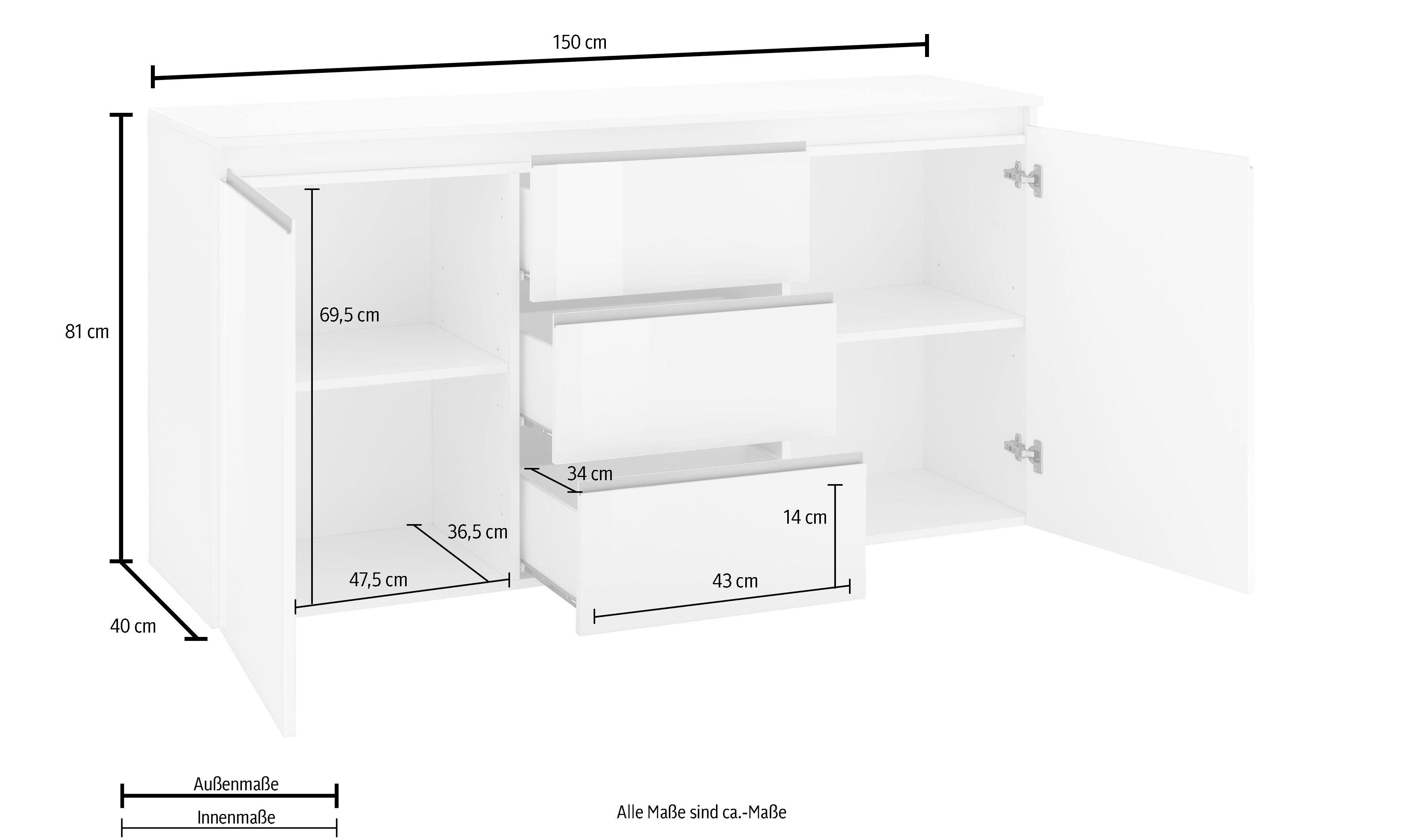 INOSIGN Kast Magic, commode, kast, dressoir met 2 deuren en 3 lades hoogglans gelakt (b/d/h) 150x40x81 cm