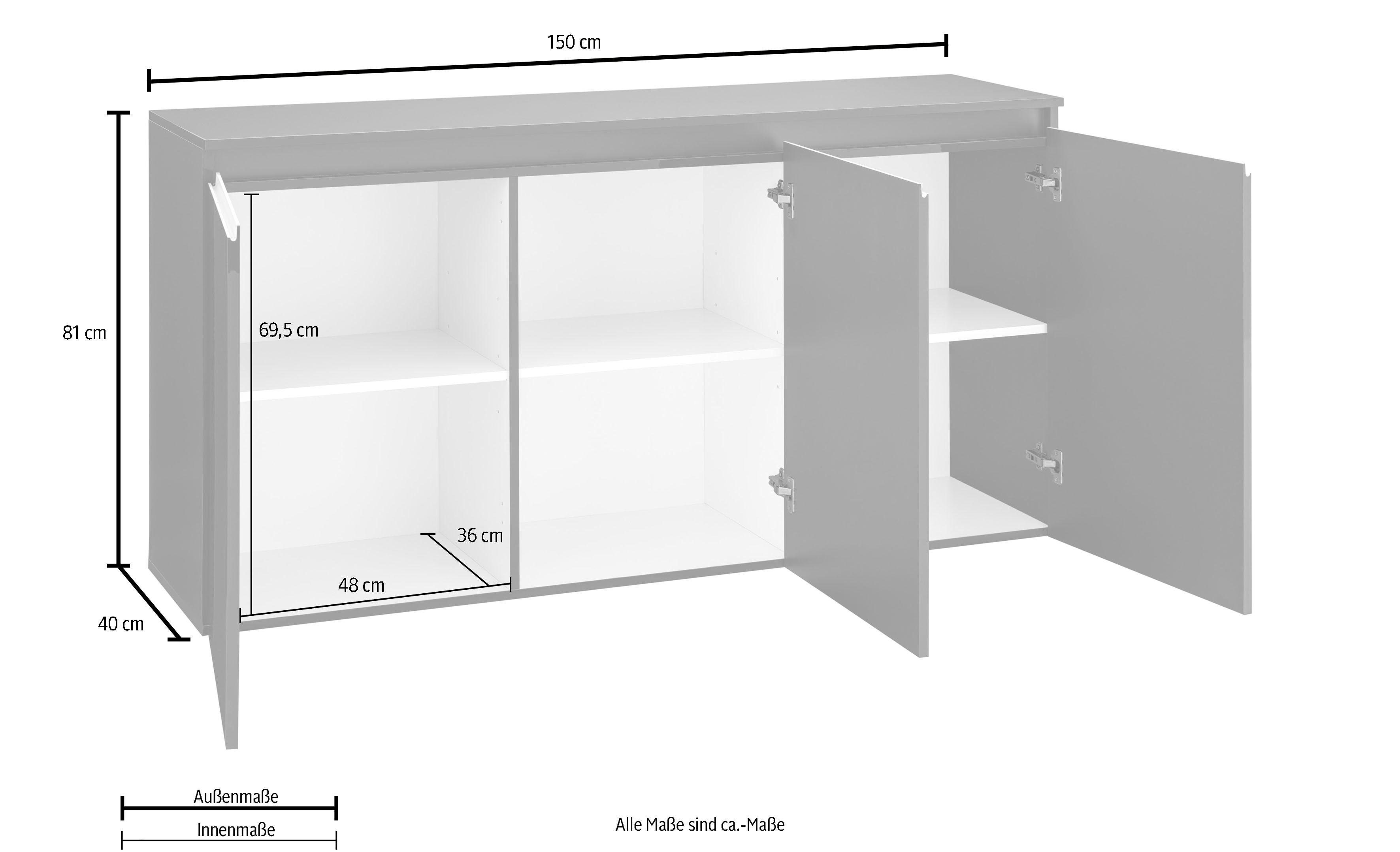 INOSIGN Kast Magic, kast, sideboard, buffet met 3 deuren, volledig hoogglans gelakt(b/d/h) 150x40x81 cm