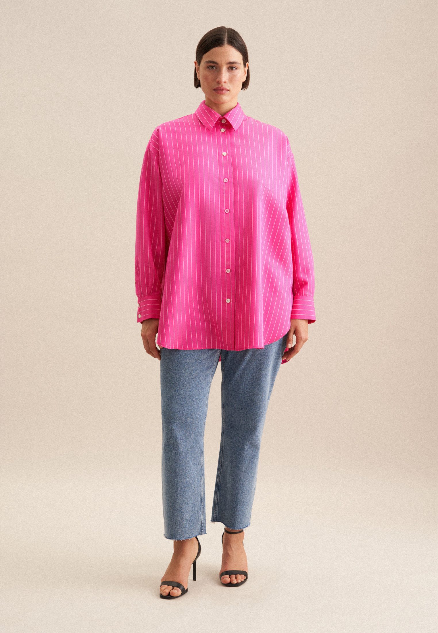 seidensticker Lange blouse Zwarte roos Lange mouwen kraag strepen
