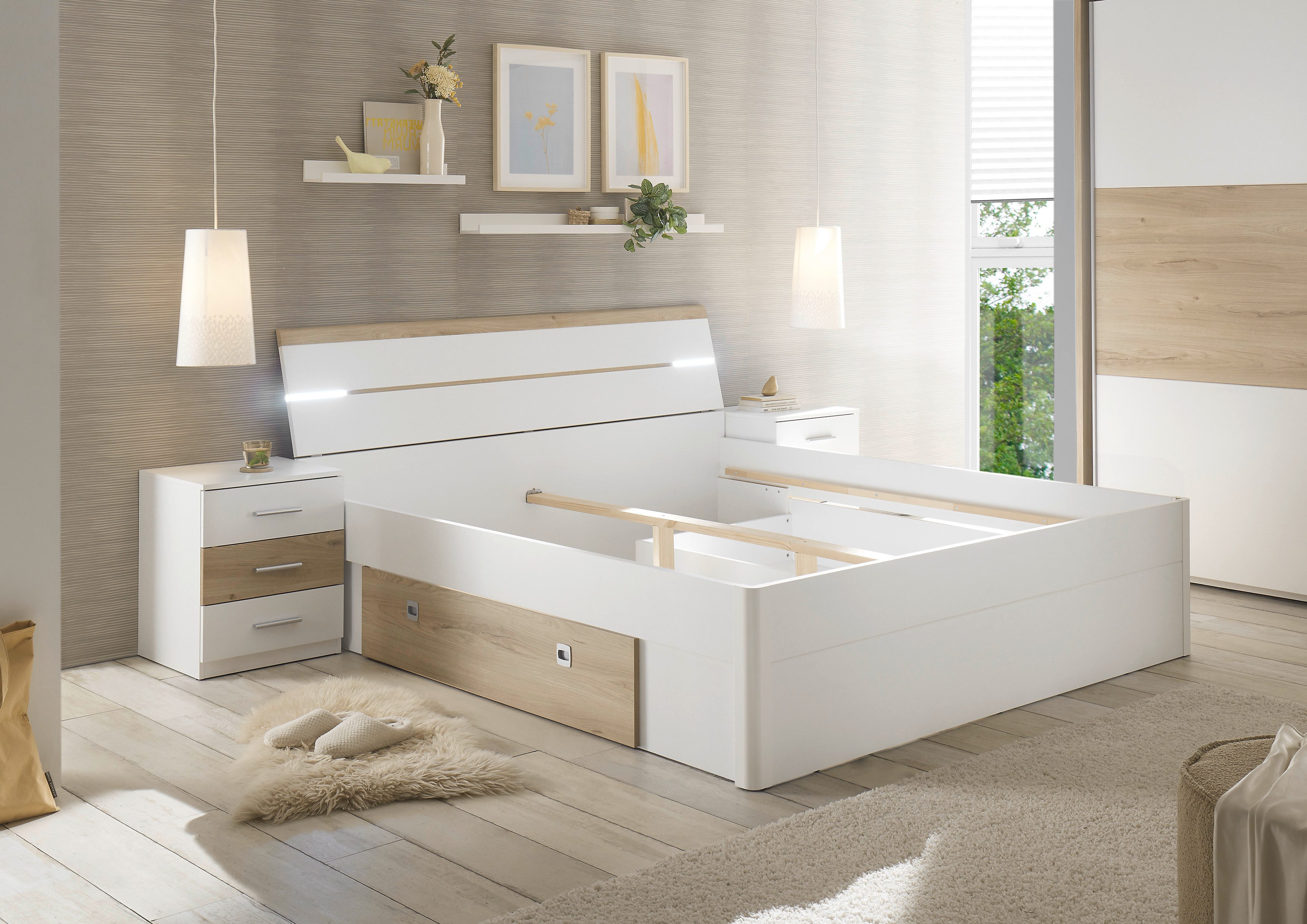 Schlafkontor Ledikant Kiara bed met 2 nachtkastjes inclusief verlichting in het hoofdeinde en 2 bedlades (set)