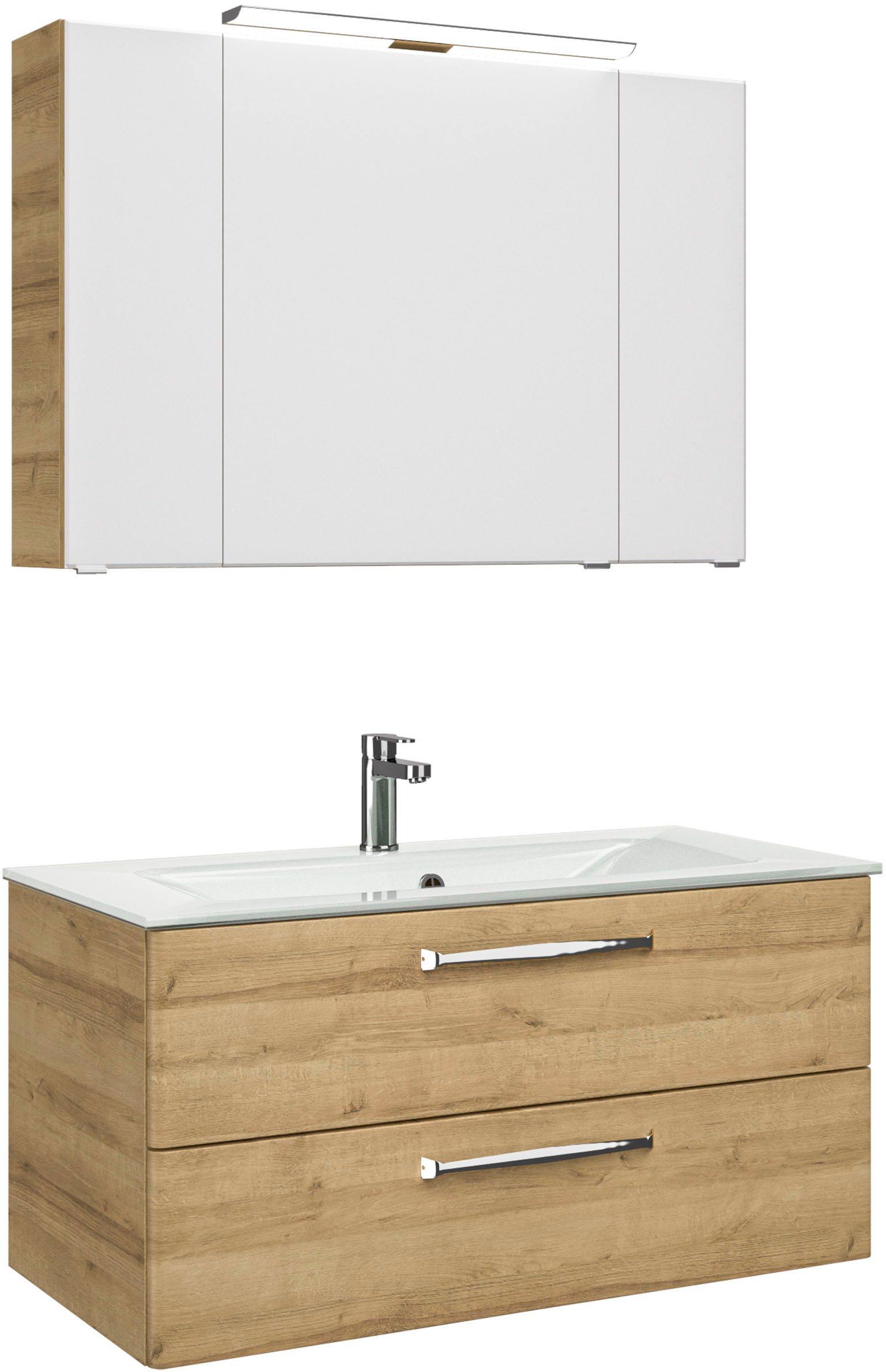 Saphir Badmeubelset Trentino 2-delig glazen wastafel, spiegelkast met LED-verlichting Badkamermeubel-set 107cm breed, incl. deurdemper, 3 deuren, 2