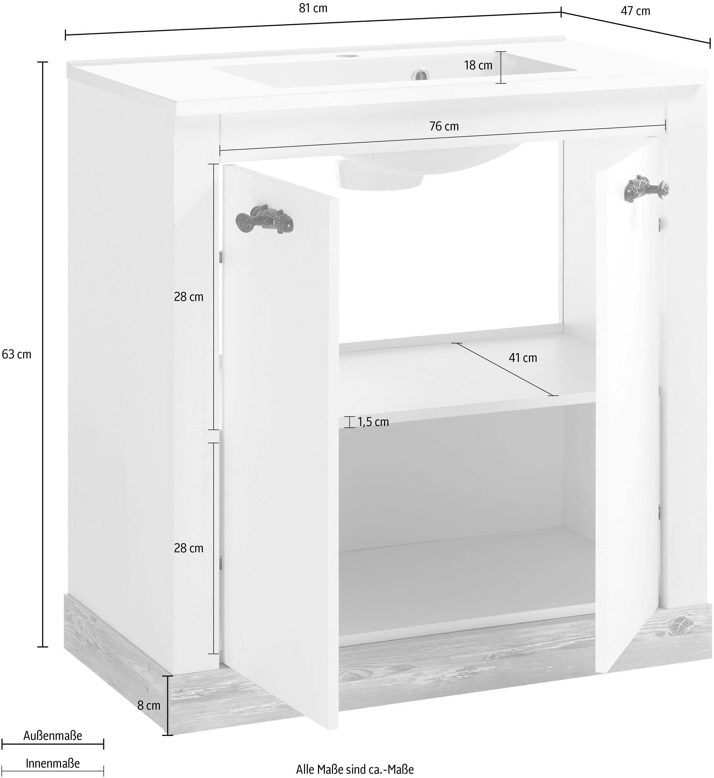 Home affaire Wastafelonderkast Florenz, wastafelonderkast incl. wastafel, metalen handgrepen