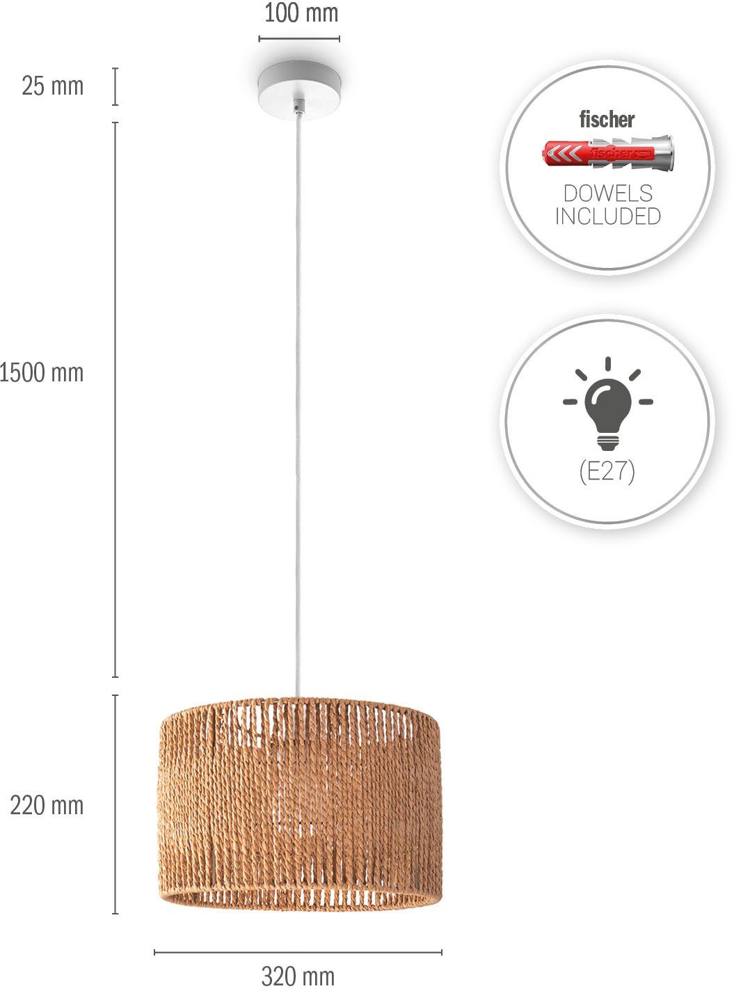 Paco Home Hanglamp Hugo Buena Woonkamer eetkamer rattan look Boho lampenkap papier