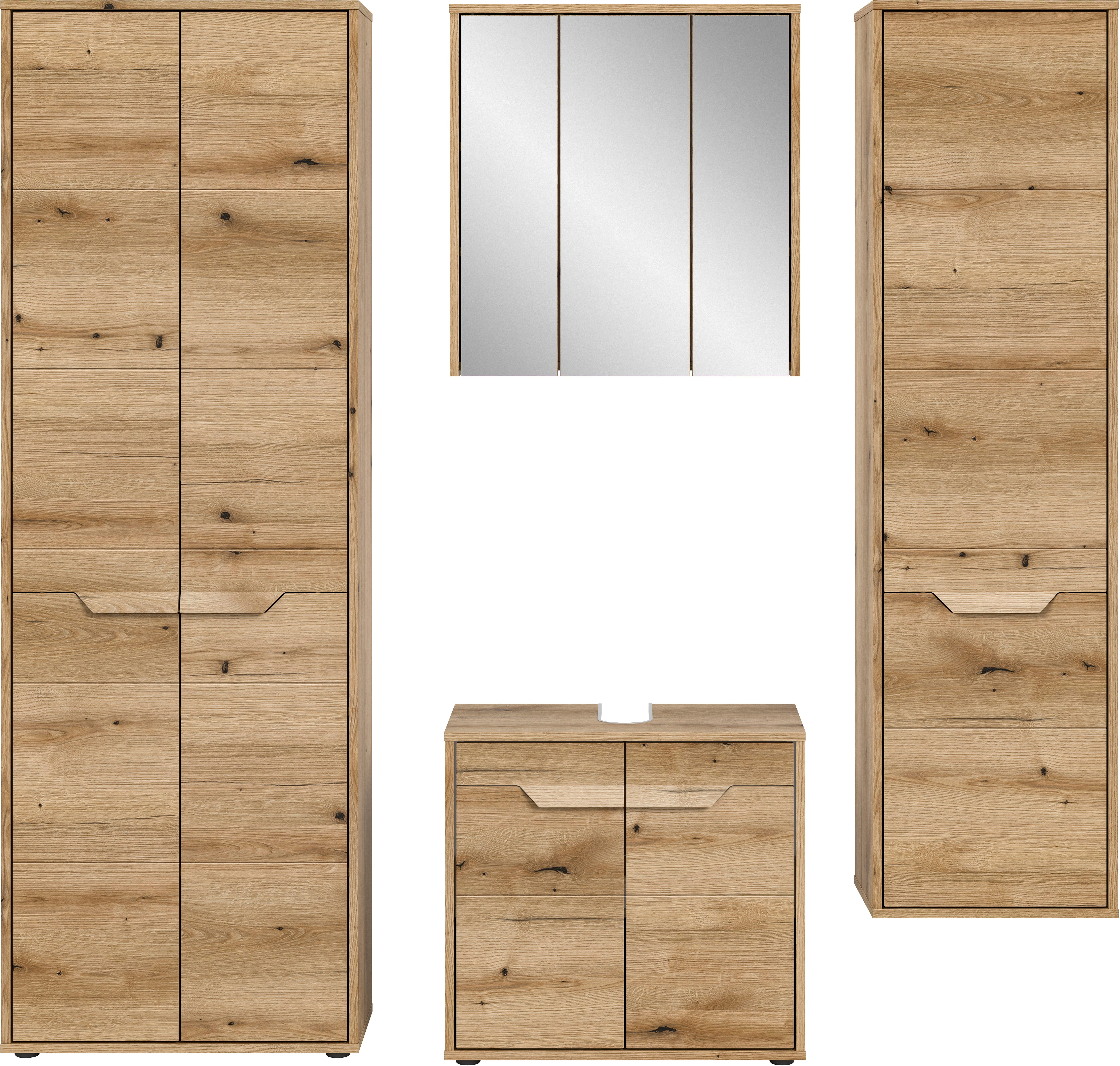 welltime Badmeubelset Kayu, bestaande uit: 2 hoge kasten, wastafelonderkast Spiegelschrank, hoogwaardige MDF front met groeffrasing, badkamer, badkamer set
