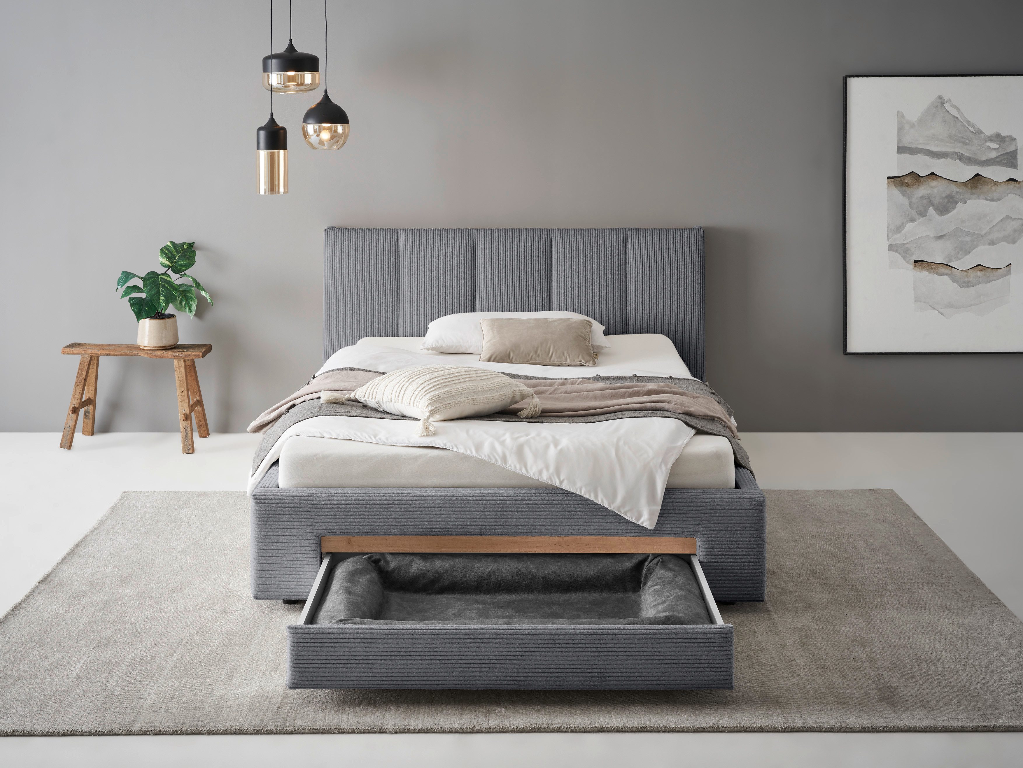 INOSIGN Gestoffeerd bed CiTY/GiRON, bedframe met bedlade, gestoffeerd opbergbed met hondenbed of opberglade, bekleding van corduroy of linnenlook