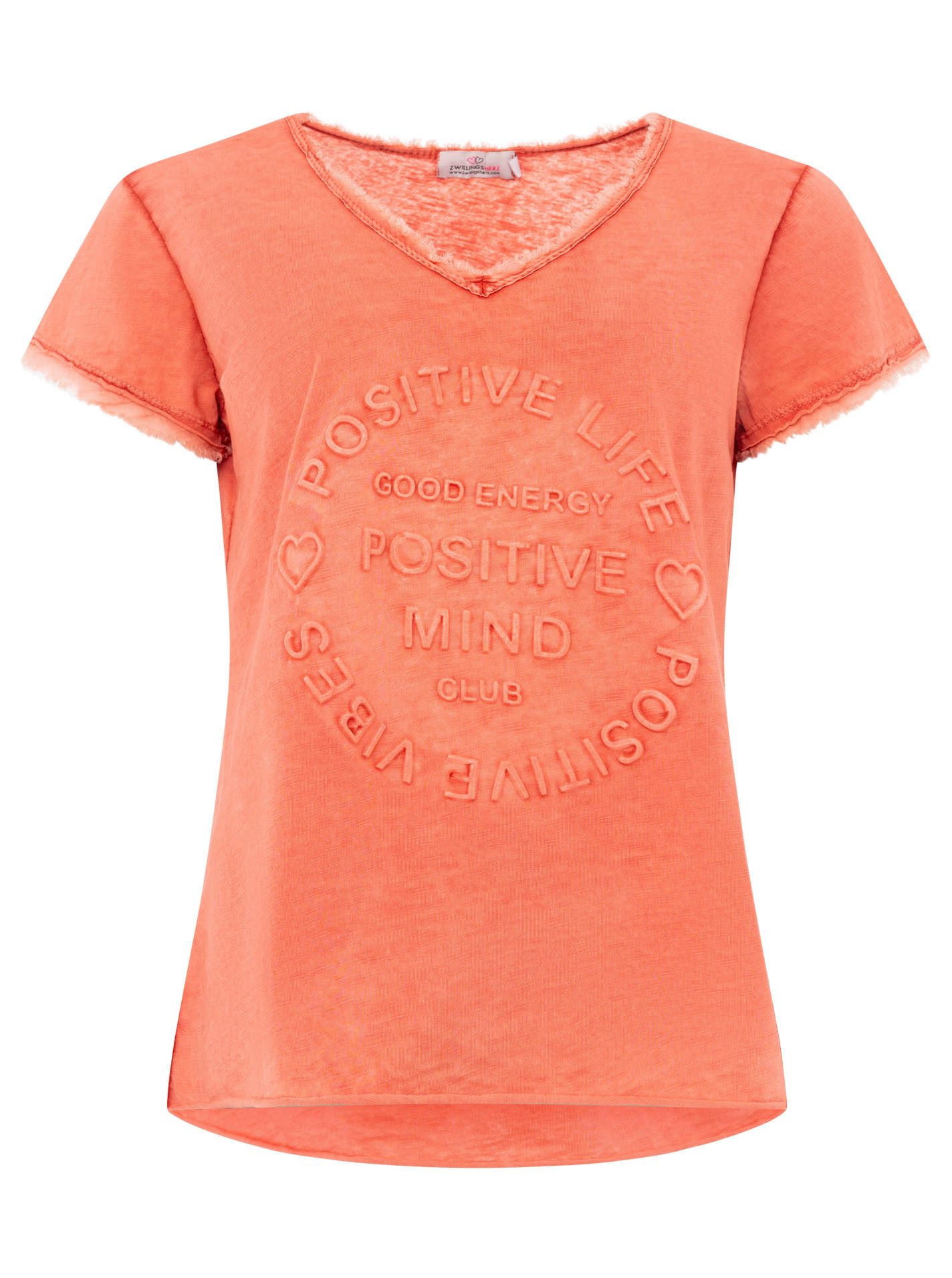 Zwillingsherz T-shirt Positive Mind met v-halslijn, stempeldruk en zoom in used-look