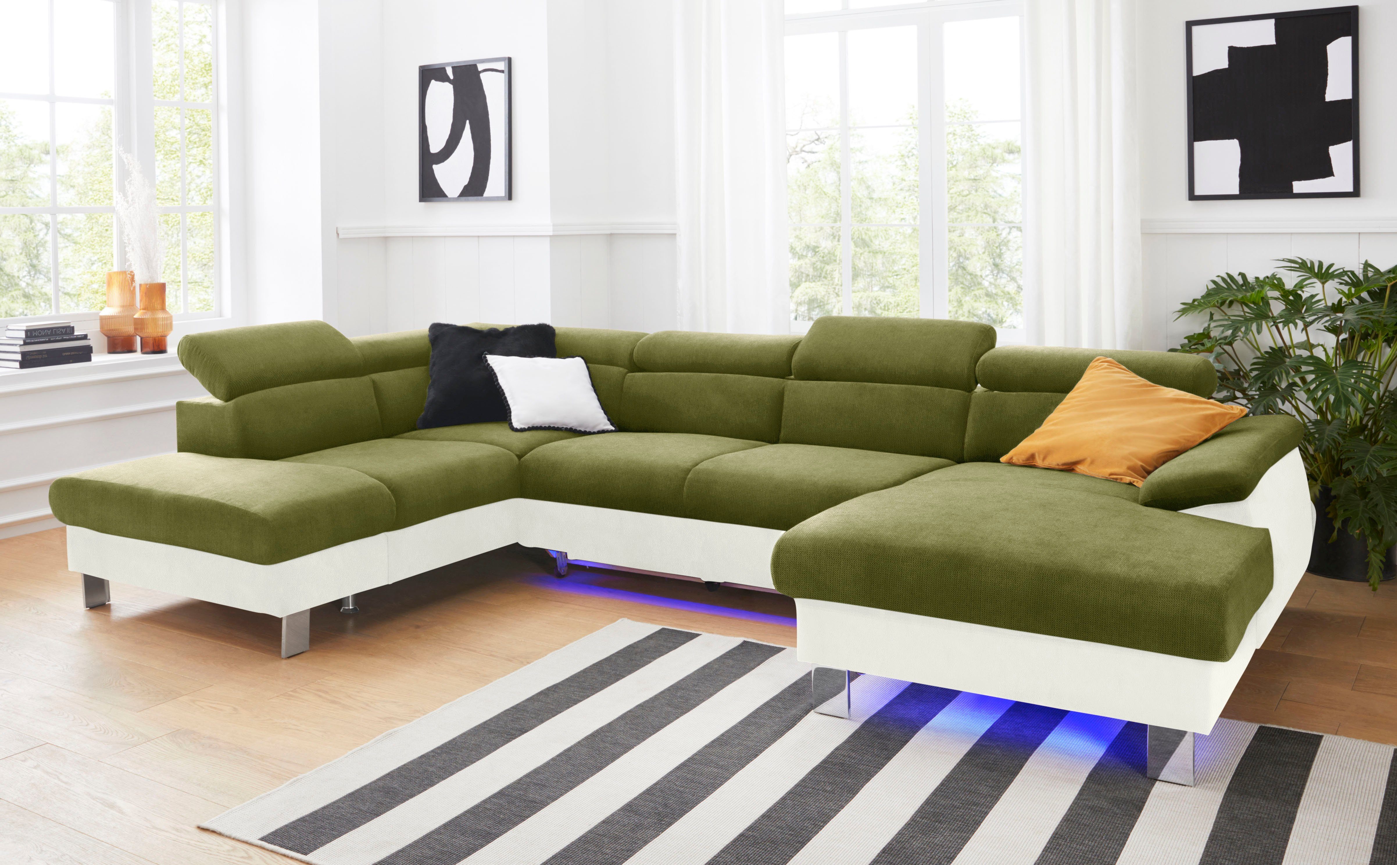 COTTA Zithoek Komaris U-vorm met verstelbare hoofdsteun, naar keuze met slaapfunctie en rgb-led beige, zithoeken, Ottomane links, Met slaapfunctie-met