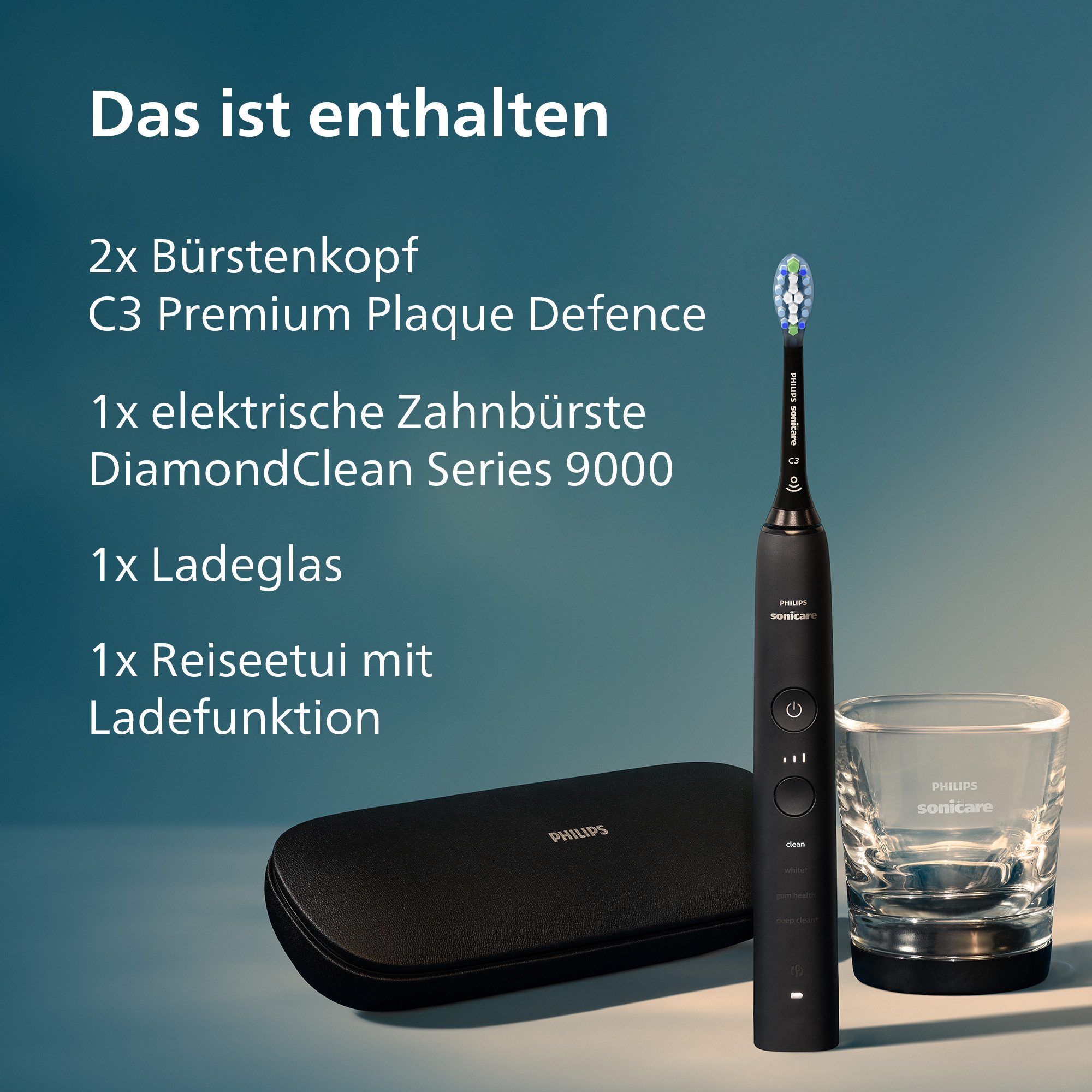 Philips Sonicare Elektrische tandenborstel DiamondClean 9000 HX9913/18 met geïntegreerde druksensor, 4 reinigingsprogramma's en 3 intensiteitsniveaus